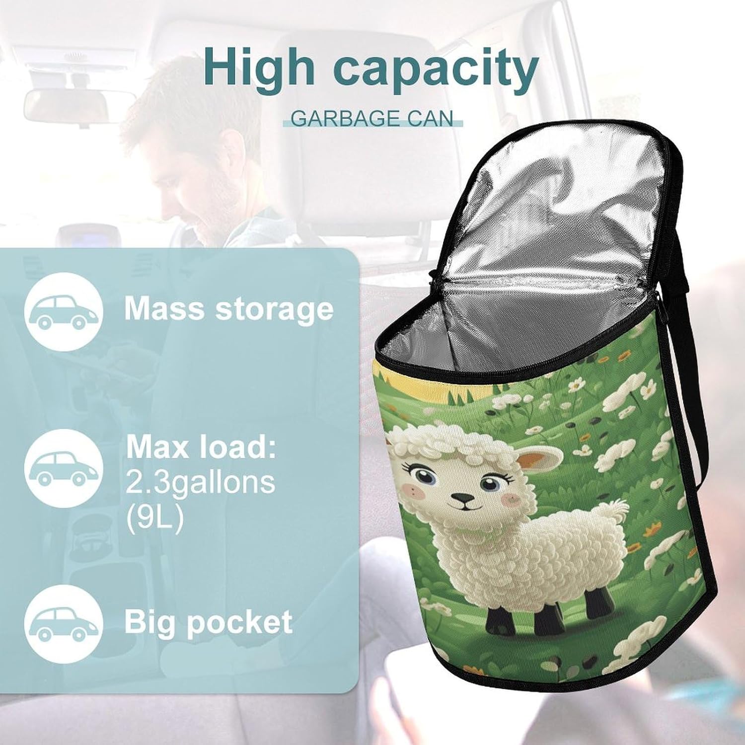 Hanging Car Trash Bag Cute Cartoon Sheep Printed Car Garbage Storage Bag Leakproof Car Trash Can Portable Garbage Storage Bags