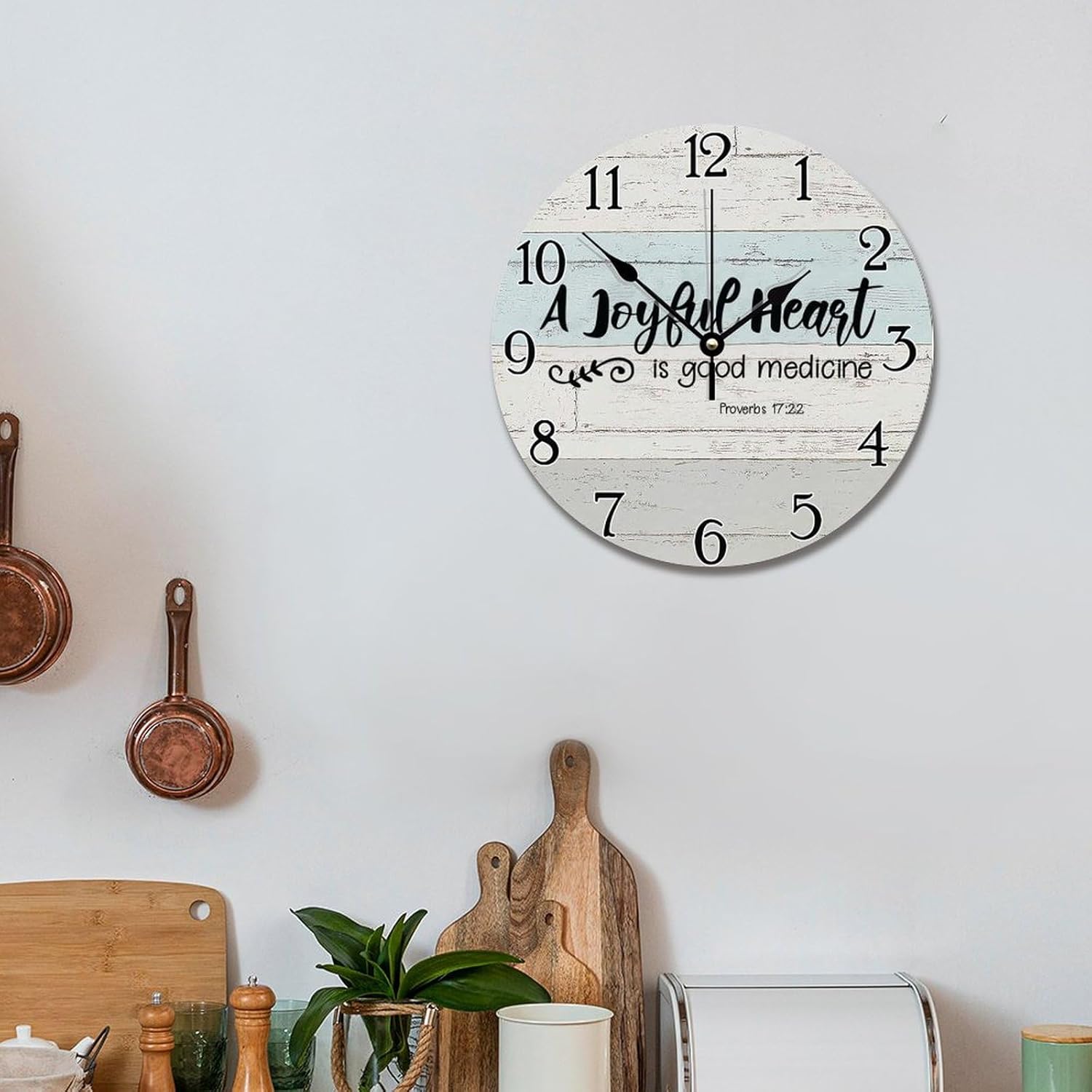 Bible Verse Wall Clock A Joyful Heart is Good Medicine Wooden Wall Clocks Battery Operated 12 Inch Silent Scripture Print Decor for Bedroom Living Room Farmhouse Wall Decor