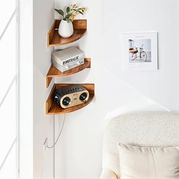 Demigo Corner Shelf Wall Mount Set of 3, Solid Acacia Wood Round Floating Corner Shelves for Storage and Display, Hanging Wood Shelves for Bedroom, Kitchen, Living Room, Bathroom (Brown)