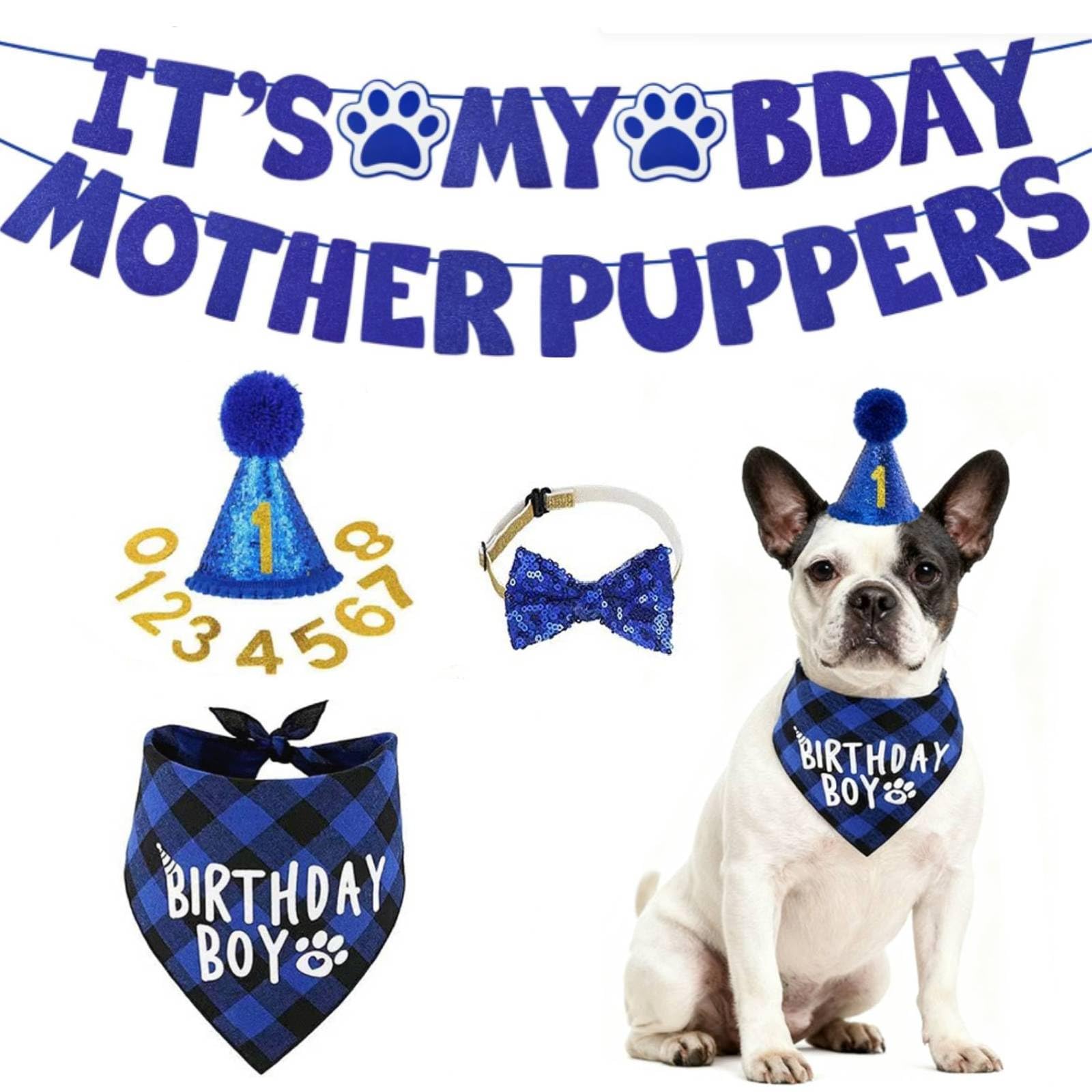 Rayakt Dog Birthday Decorations, Dog Birthday Bandana with Numbers Hat Bow Tie It's My Bday Mother Puppers Banner, Pets Party Supplies, Pets Decorations for Small Dogs (Blue, Small)