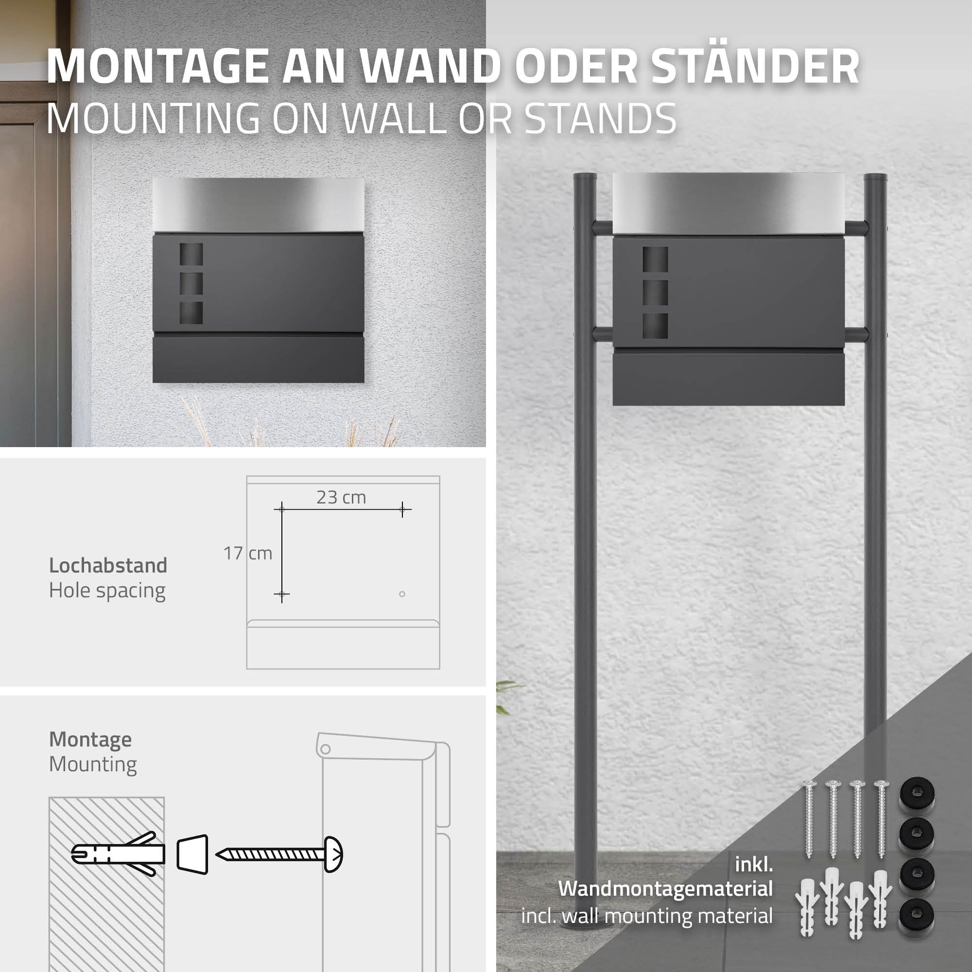 ECD Germany Buzón Correos Exterior Diseño Moderno de Pared con 3 Ventanas de Observación Compartimento para Periódicos 37x10,5x36,5 cm Acero Plata/Antracita Incl. 2 Llaves con Material de Montaje