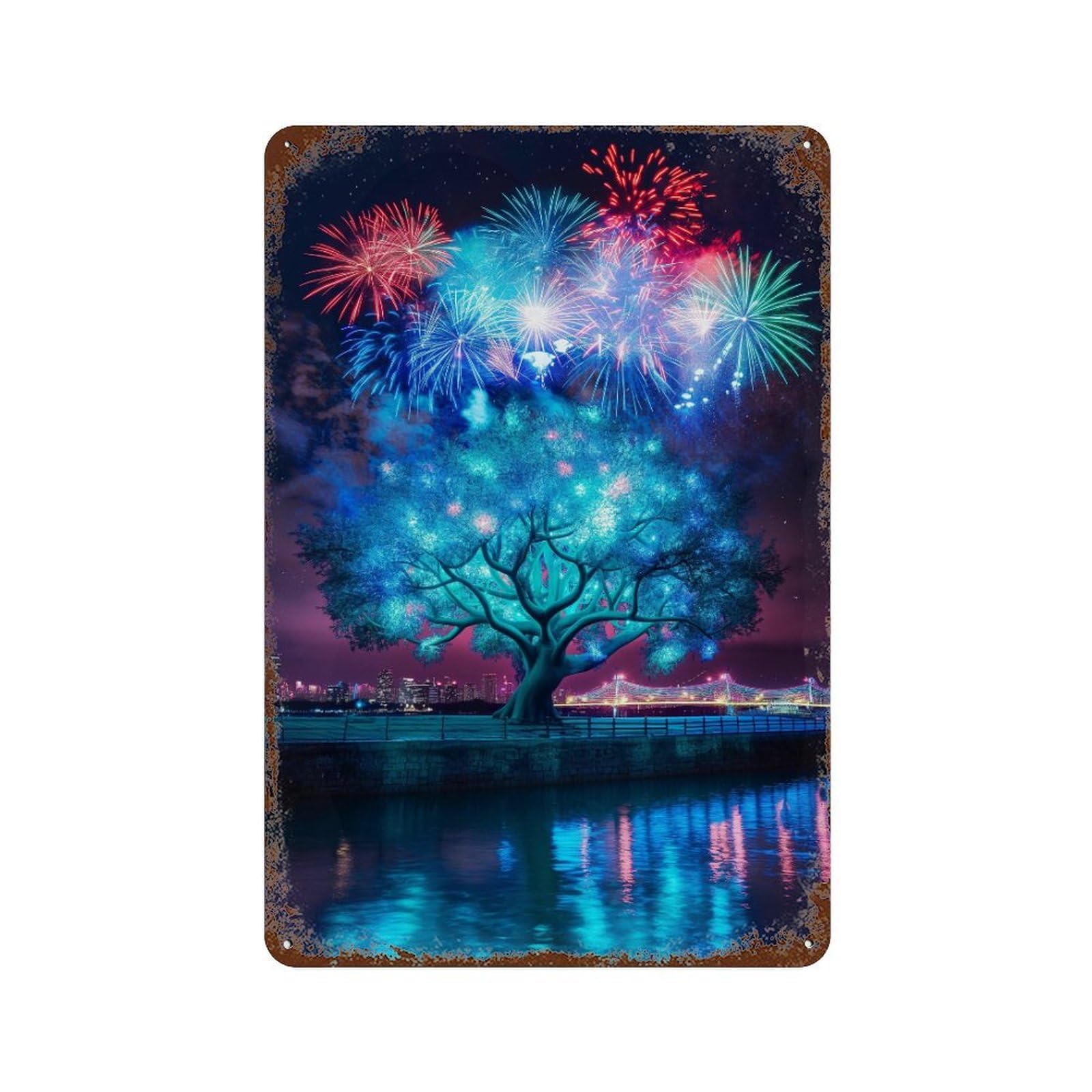 Weathered Tin Sign Fireworks Over The City Skyline 11.8"x7.9", Novelty Wall Decor for Basement, Hobby Room And Garage Decor