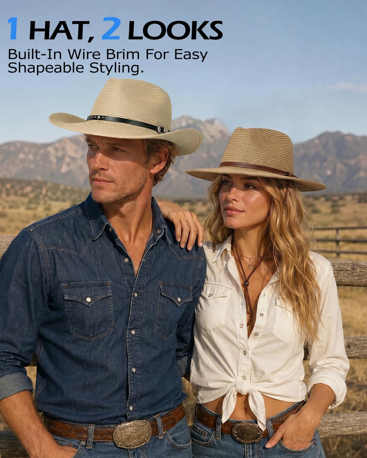 Zylioo Chapeau de cowboy en paille avec mentonnière fixe - Chapeau de soleil western UPF50+ - Chapeau de cowgirl d'été pour la plage et la randonnée