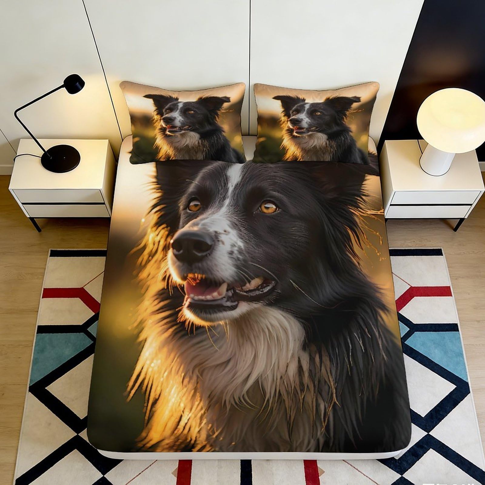 3D Printed Border Collie Dog Fitted Sheet Microfiber Soft Anti-Slip Bed Cover for Bedroom Guestroom Decor 90x200x25cm
