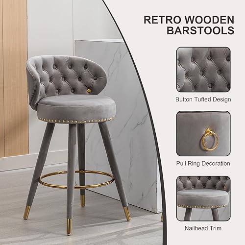 Miniatura 4 de Sudwesto Juego de 2 taburetes de bar de terciopelo, taburetes de bar de altura de mostrador, taburetes de bar de madera retro con respaldo y