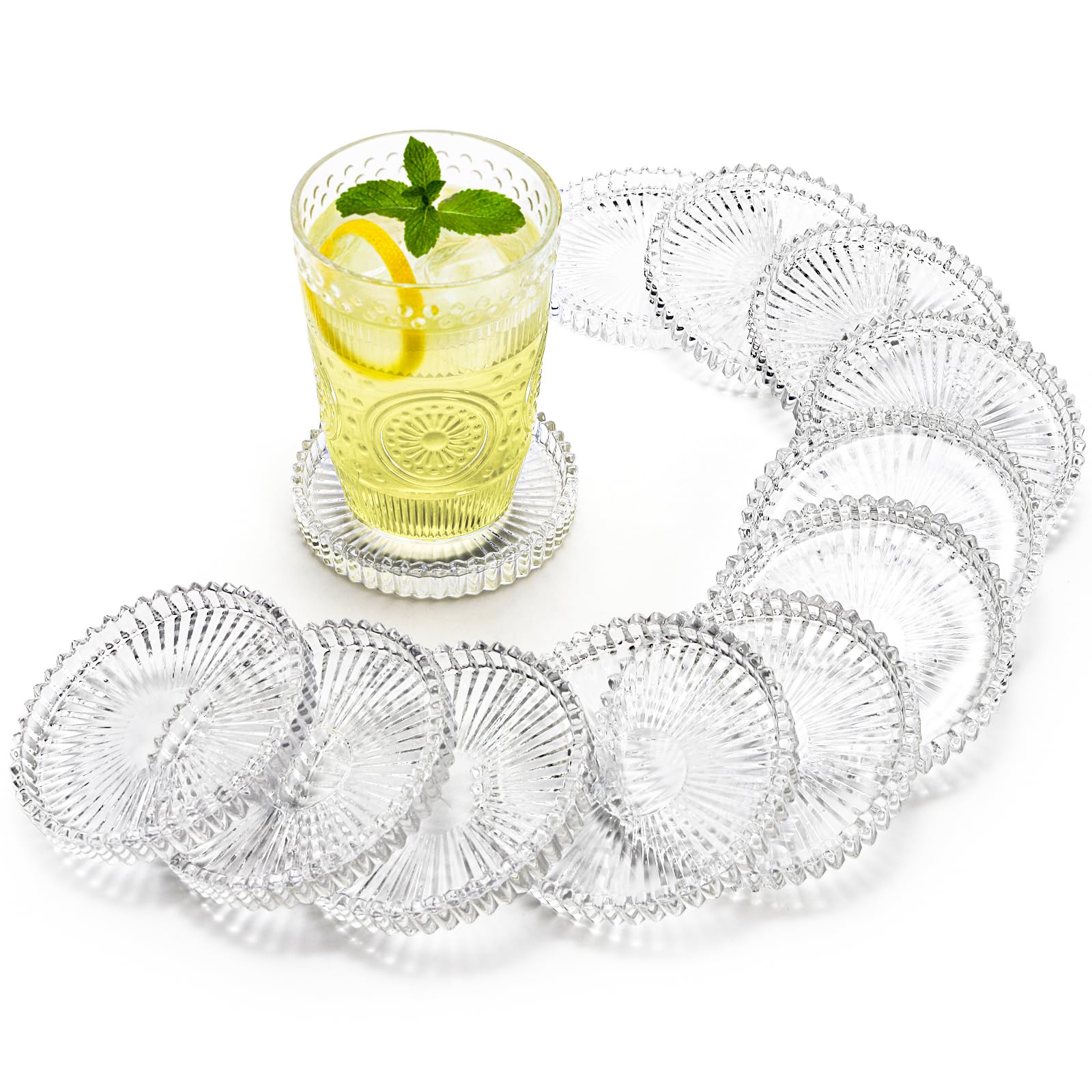 Elsjoy Confezione da 12 portacandele in vetro da 10,2 cm, rotondi in vetro trasparente a coste, sottobicchiere moderno per candele, per matrimoni, feste, centrotavola