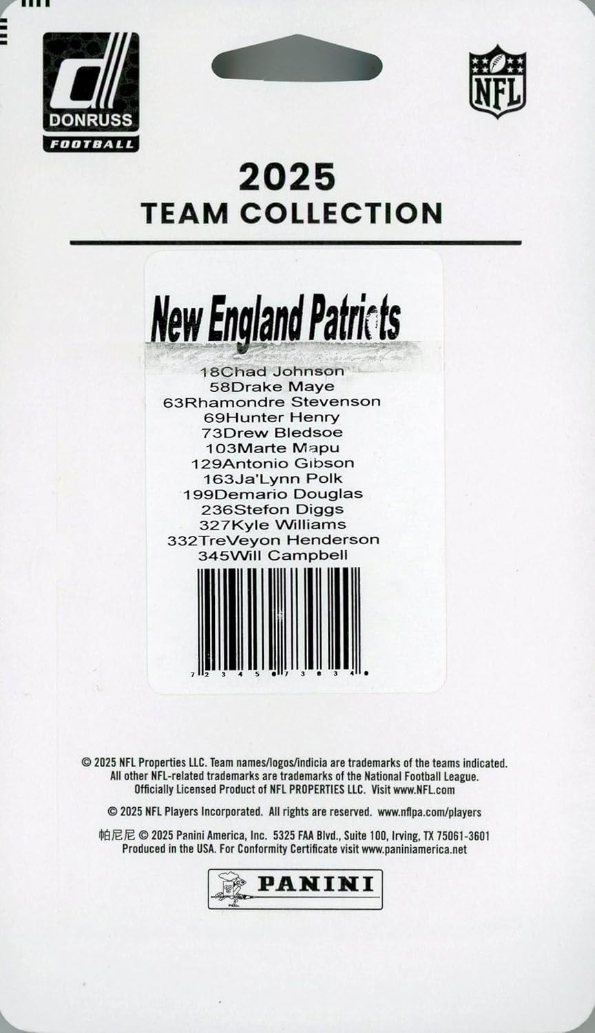 New England 2025 Patriots Donruss Football Limited Edition 13 Card Complete Factory Sealed Team Set with Drake Maye, Stefon Diggs, Chad Johnson, Hunter Henry, Drew Bledsoe & Many More!