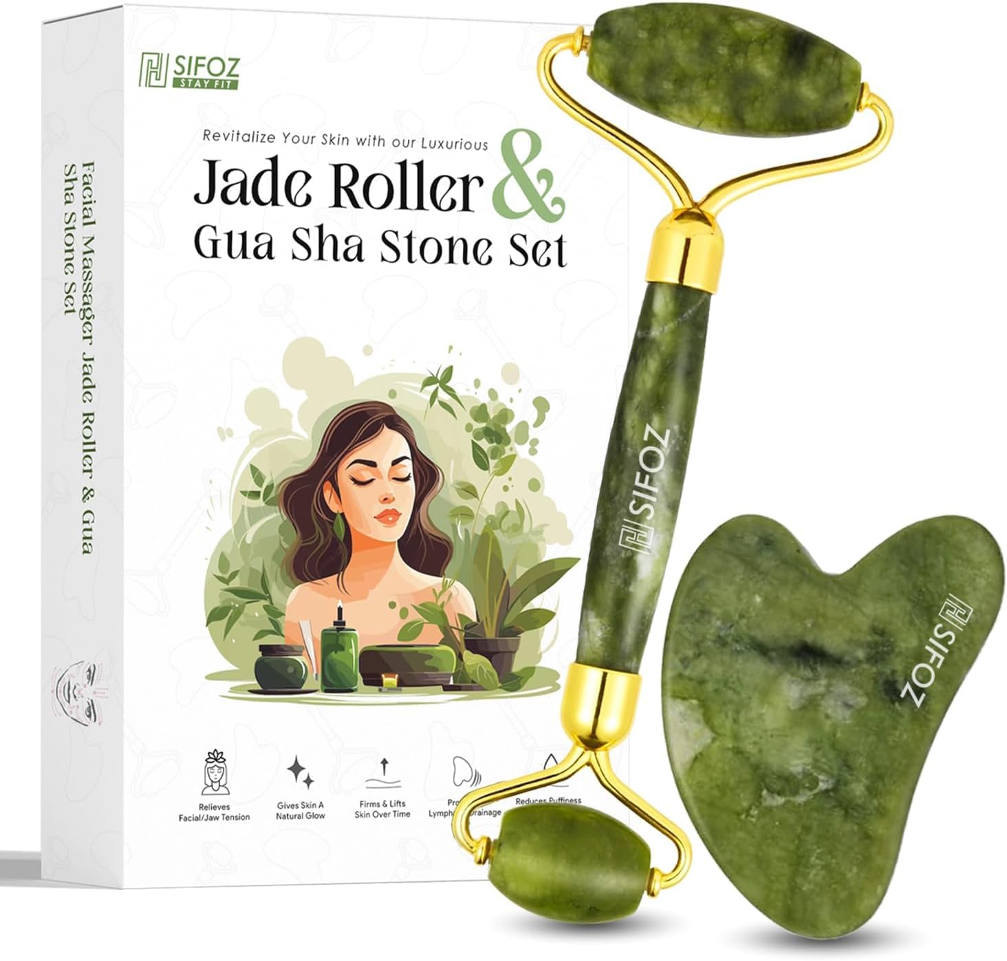 Sifoz Jade Roller & Gua Sha Set Face Roller Anti-Aging Facial Roller Natural Green Jade Beauty Massager Tool Skin Care Tool for Face Neck Eye to Reduce Wrinkles and Relax Body Muscles