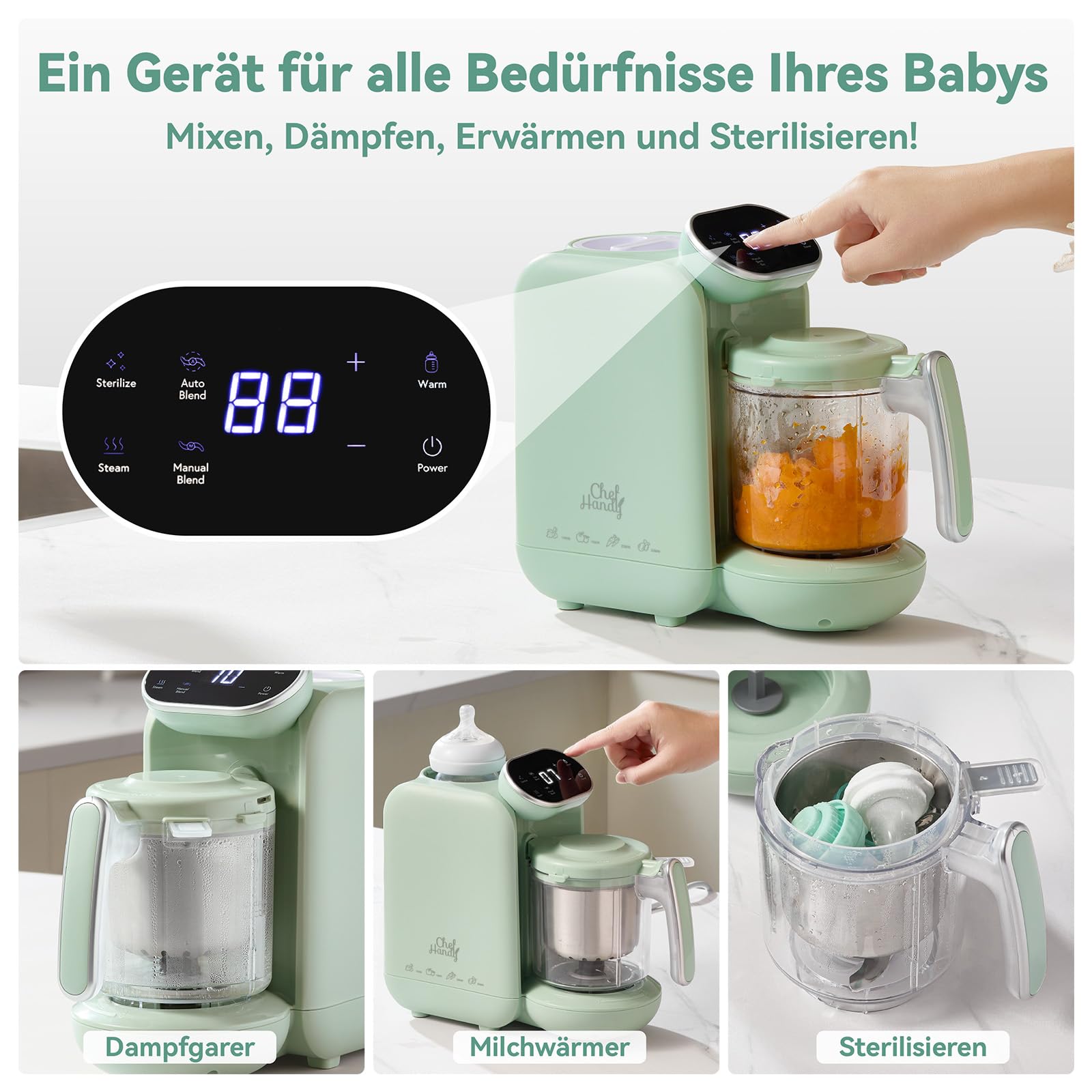 Chefhandy 5-in-1 Babynahrungszubereiter Premium, Multifunktions Babybrei Zubereiter mit Fläschchen Erwärmen, Desinfizieren, Baby Dampfgarer, Brei Maker Mixer, Automatische und Handmodus (Grün)