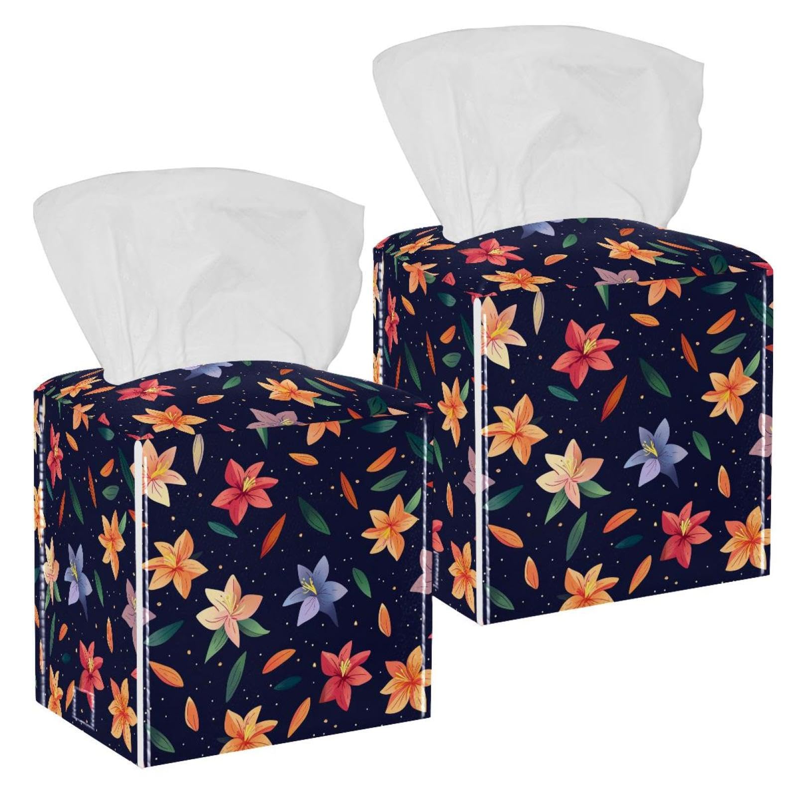 Lily Colorful Tissue Box Cover, 2 Pack PU Leather Square Facial Tissue Dispenser Box holder for Home Office Car
