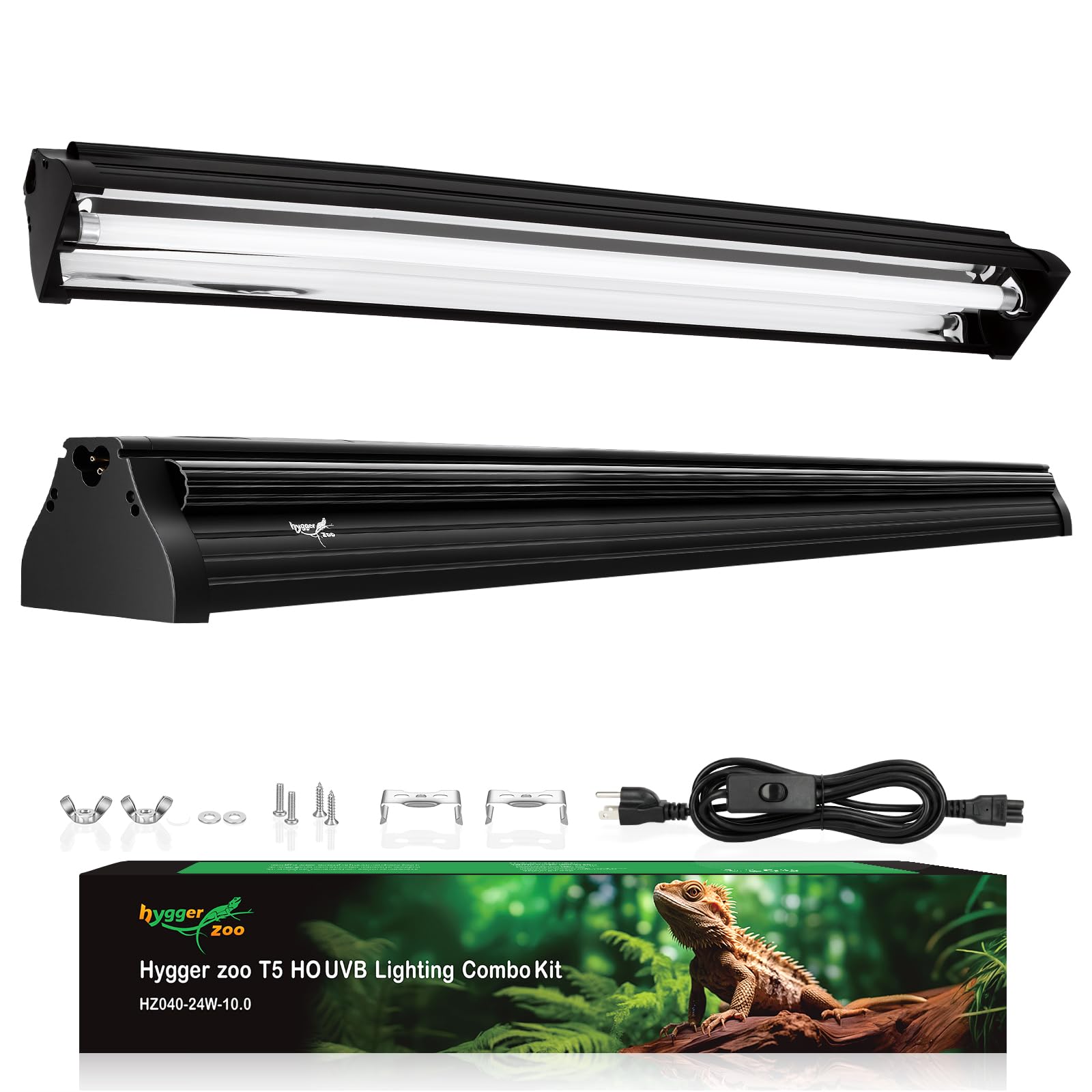 T5 UVB Reptile Light Fixture Upgrade Burn-proof HO UVB Bulb Lighting Combo Kit 10.0 UVB Light for Reptile Terrarium Fluorescent 24W Reptile Light Bar UVA UVB Desert Lamp for Bearded Dragon Turtle Tank