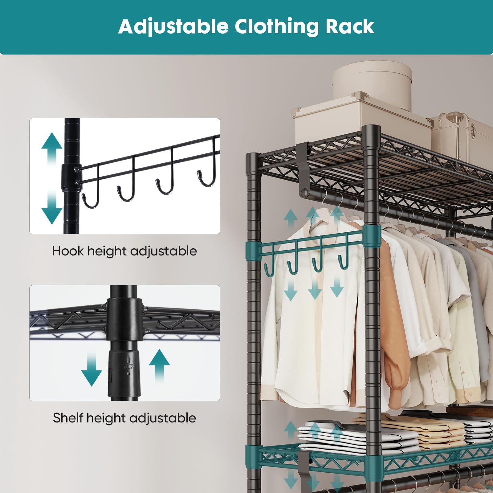 OLIXIS Clothes Rack Heavy Duty Adjustable Garment Clothing Rack with Wheels, Rolling Metal Freestanding Closet Organizer for Hanging Clothes with 2 Side Hooks, Double Rod, 17.7