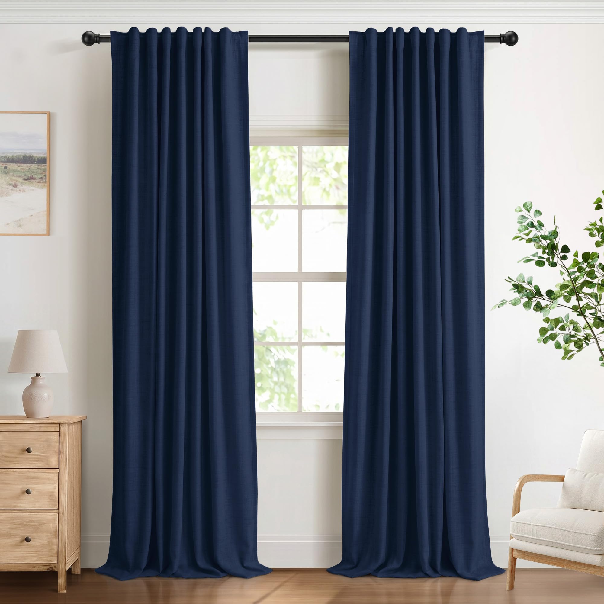 DEFYNEE 100% Blackout Curtains for Bedroom, 50 x 90 Inch Drop, Back Tab/Rod Pocket, Thermal Insulated Curtains with Coating Back Layers, for Room Darkening Privacy Protection, 2 Panels, MidnightBlue