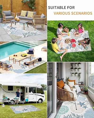 Miniatura 5 de Coastal Outdoor Rug for PatioDeckPorch, Summer Beach Blue Teal Coral Non-Slip Large Area Rug 4x6 Ft, Sea Nautical Starfish Indoor Outdoor Rugs