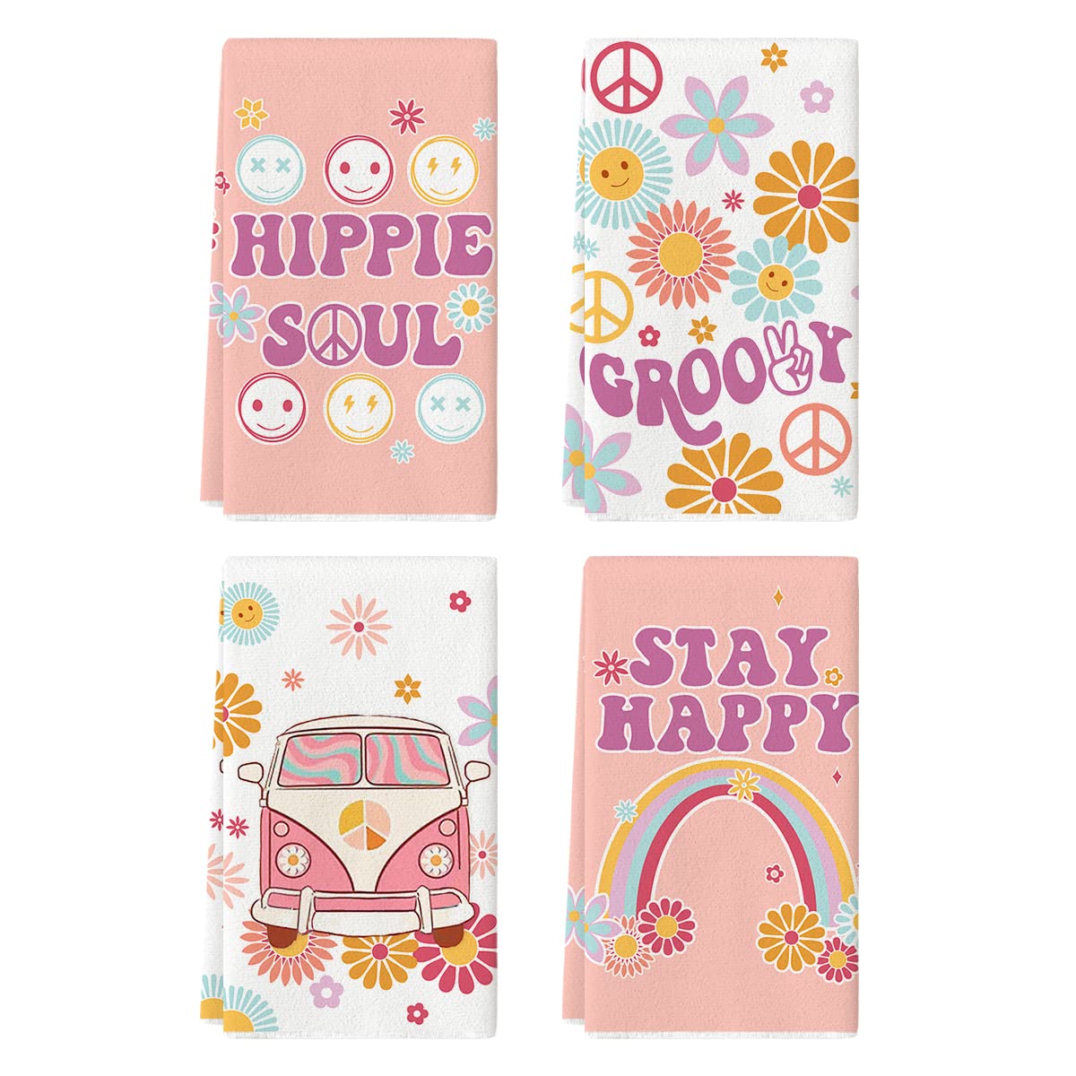 Artoid ModeStay Happy Rainbow Bus Hipple Soul Kitchen Towels Dish Towels, 18x26 Inch Seasonal Sunflower Groovy Decor Hand Towels Set of 4