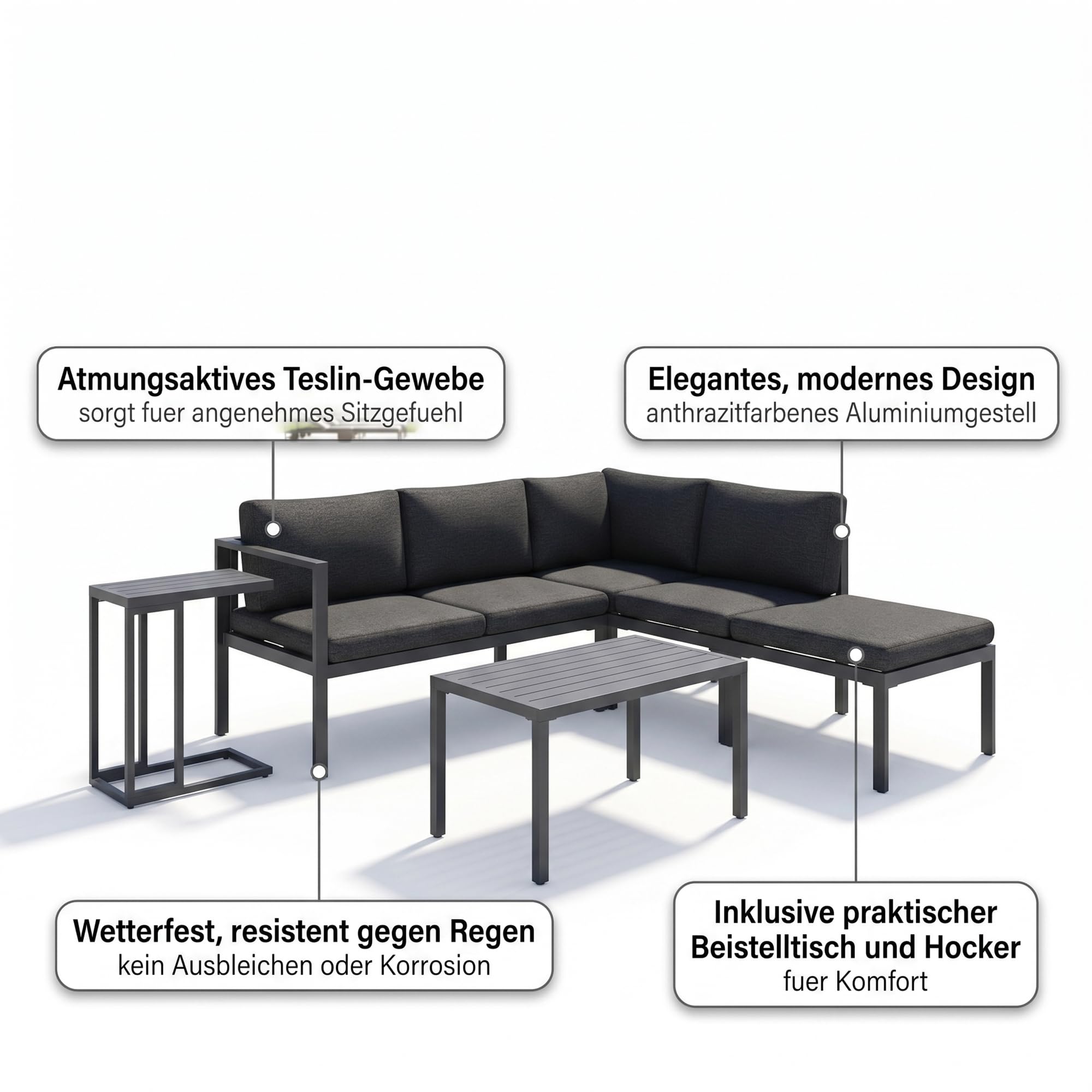 Mucola Gartenmöbel Set Ecklounge Aluminium mit Hocker und Tisch Anthrazit | Sitzgruppe modular kombinierbar, rostfrei, UV-beständig, extra dicke wasserabweisende Bezüge, waschbar, Outdoor, für Balkon