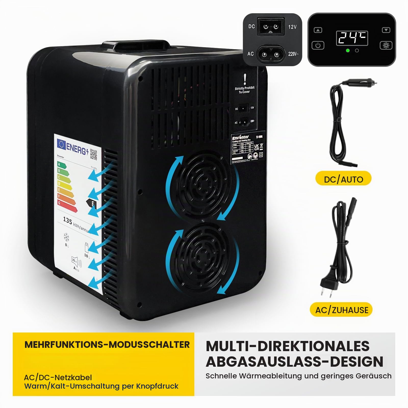 Enventor Mini Kühlschrank 10 Liter, Kühler und Wärmer, 220V AC + 12V DC, Portable Mini-Kühlschrank mit LCD-Temperaturanzeige für Auto, Reisen, Kosmetik, Getränke, Lebensmittel (Schwarz)