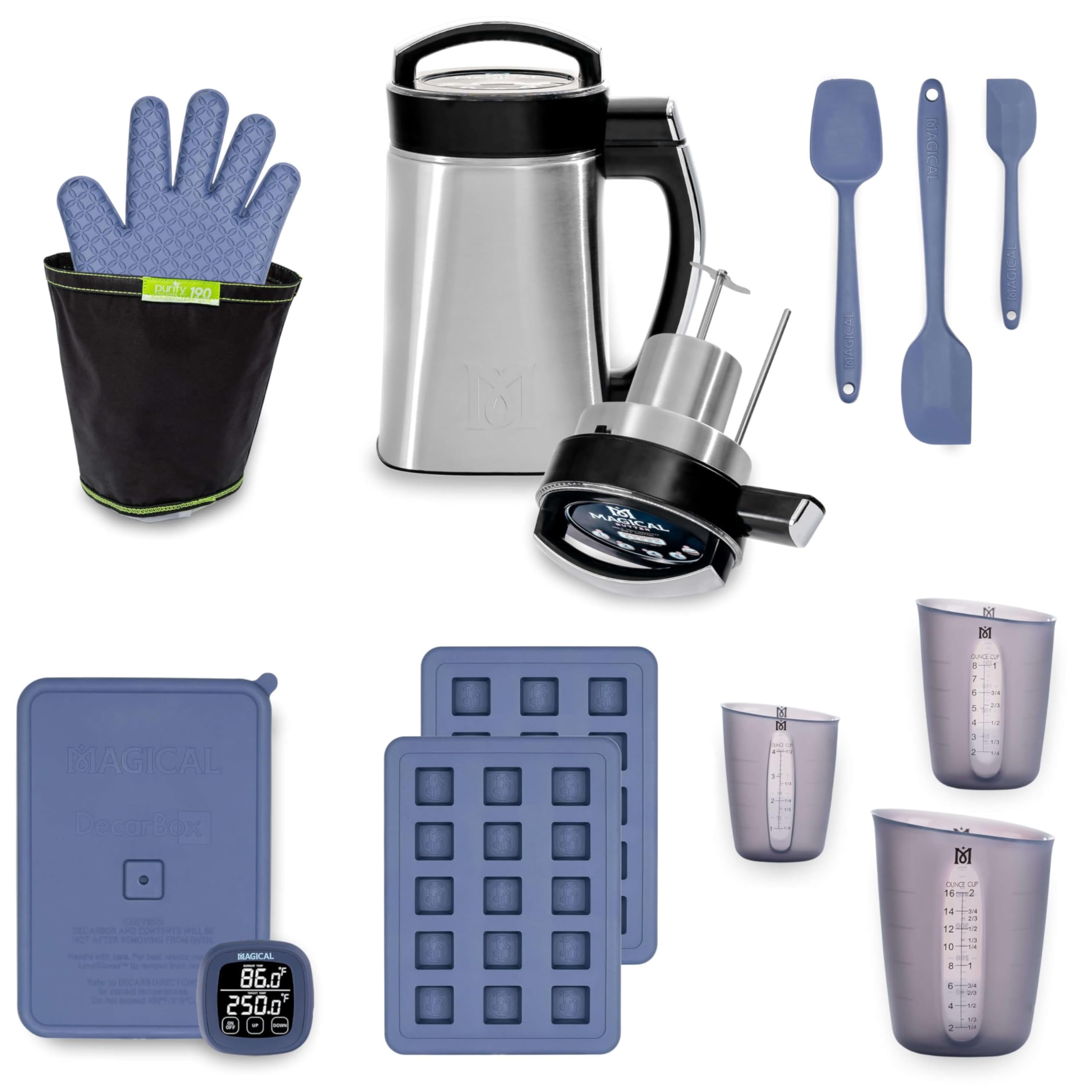 Magical Butter Paquete de dulces de máquina – Decarbox, paquete de 3 tazas medidoras de silicona, máquina MB2E, paquete de 3 espátulas de silicona, guante mágico, bolsas de filtro de 190 y molde de