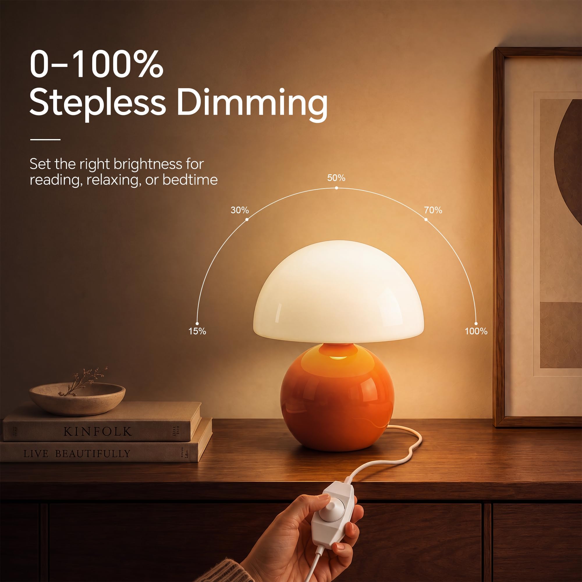 Dawnwake Lamparas de Mesita de Noche, Lámpara de mesa LED Regulable, Pantalla de Cristal Con Forma de Hongo y Base de Cerámica, Decoración del Hogar Para Dormitorio, Sala de Estar (Naranja)