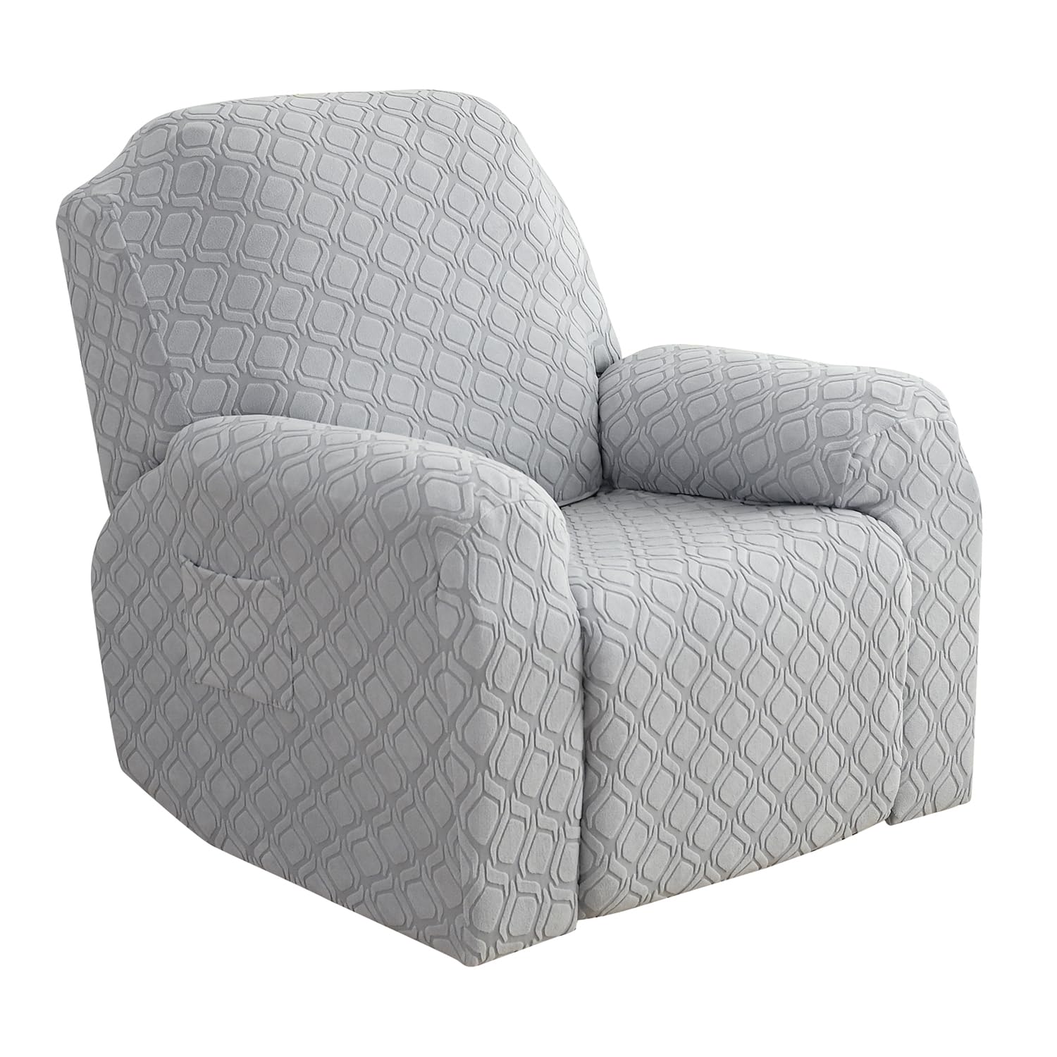 ele ELEOPTION - Funda de sillón relax extensible, funda para sofá relax de 1 plaza con bolsillo lateral, para sillón reclinable de relajación y masaje, 4 piezas con jacquard (gris claro)