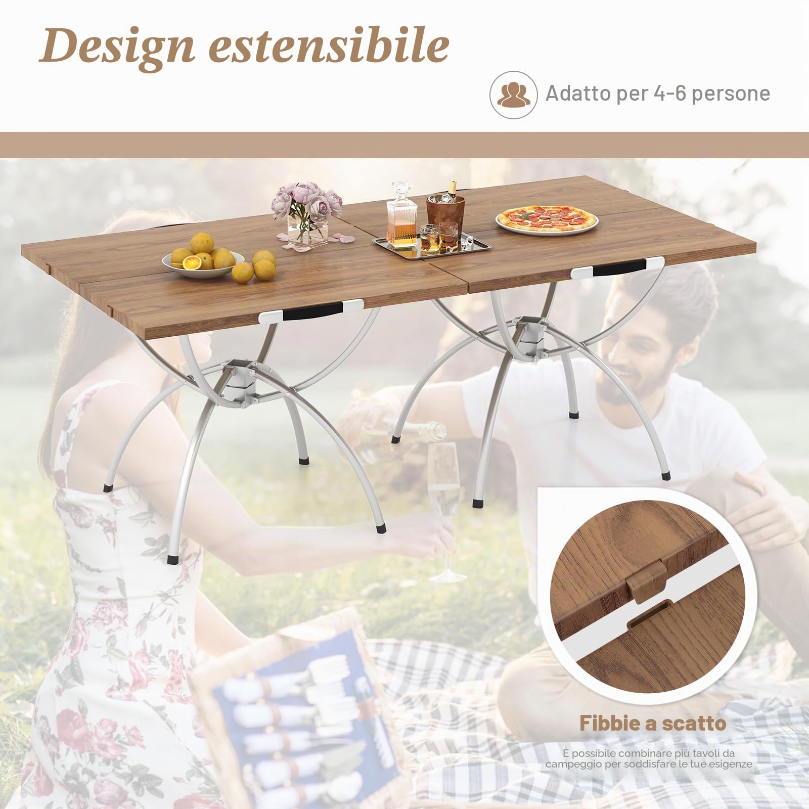 KOMFOTTEU Tavolo da campeggio allungabile 2 in 1, pieghevole, con struttura in alluminio e legno, 120 x 60 cm, con borsa per il trasporto