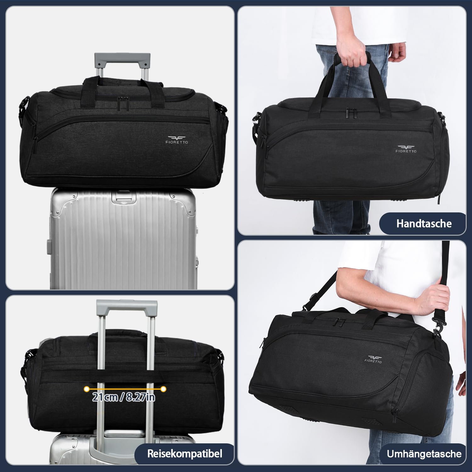 FIORETTO 35L Sporttasche & Reisetasche für Damen und Herren, mit Schuhfach & Nassfach, Wasserdicht Tasche für Trainingstasche, Gym, Travel, Schwimmen, Sauna, fußball Schwarz