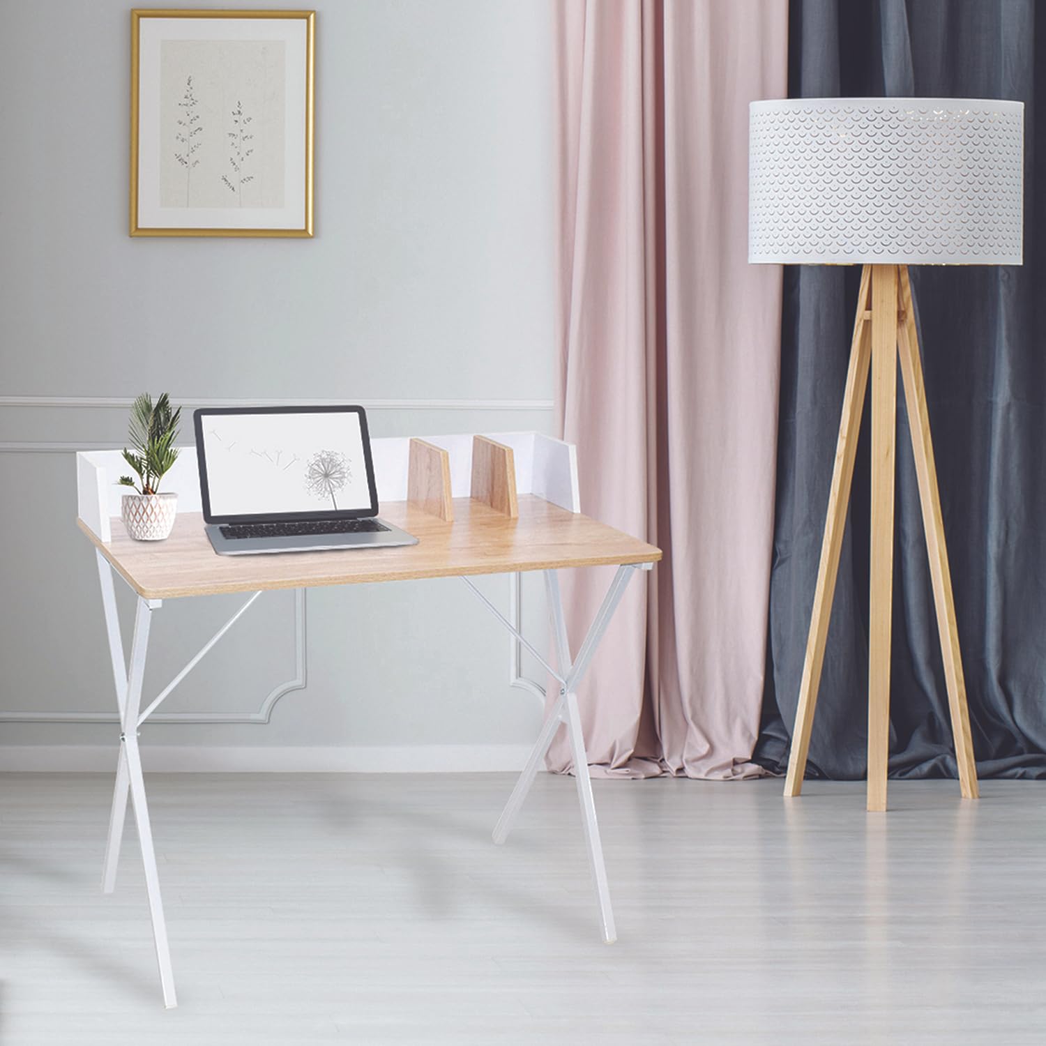 HOME DECO FACTORY Bureau Brice Moderne Télétravail Design Épuré Blanc | Acier et bois, bureau Brice, table de travail moderne, télétravail, design épuré, robuste, 84x90x50 cm, blanc