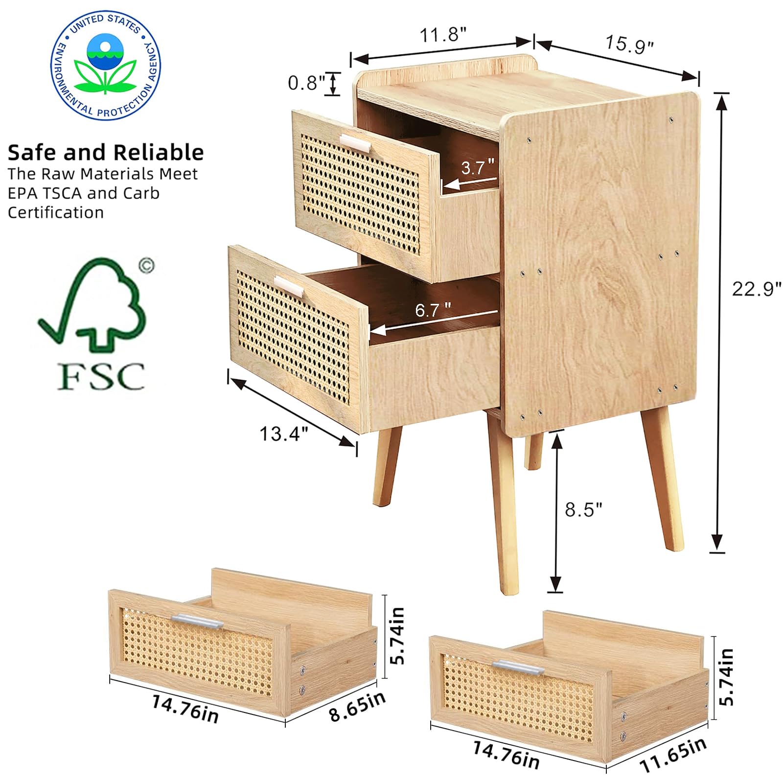 Lerliuo Rattan-Nachttisch Mit 2 Schubladen – Boho Beistelltisch, Buchenholzbeine, 40,5x30x58,1 Cm