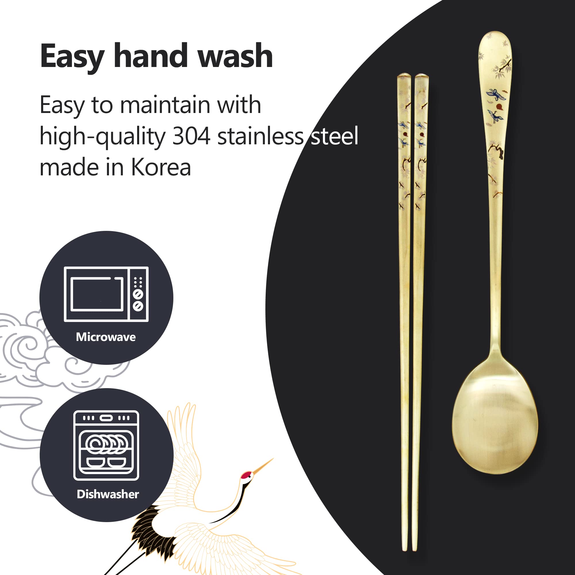 [2 juegos] [Hecho en Corea] Diseño de pintura de grulla mesa coreana Cuchara de arroz pegajosa y palillos de acero inoxidable 304 chapado en titanio dorado Mukbang cubiertos