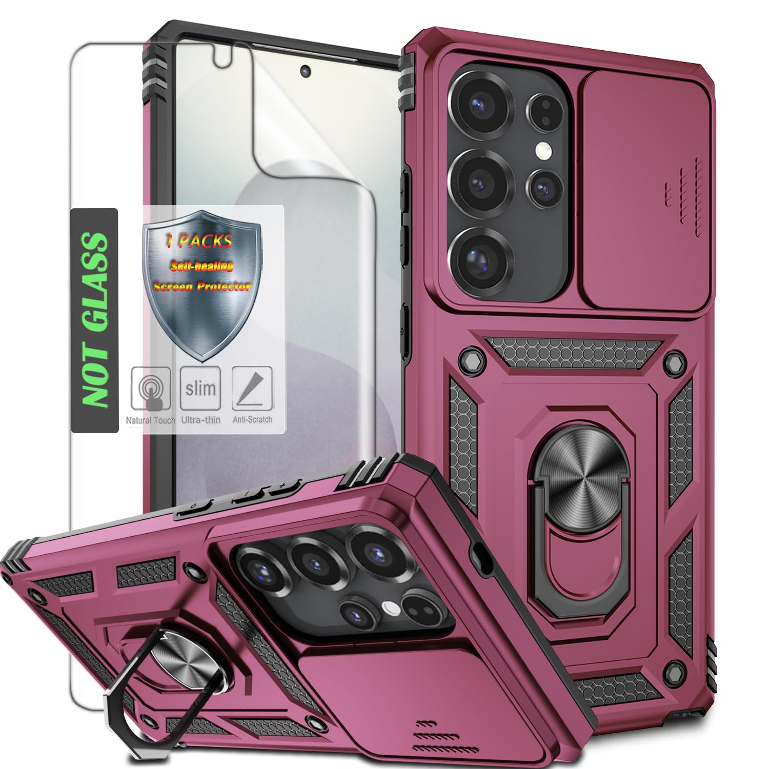 Photo 1 of AYMECL S25 Ultra Case with Built-in Rotating Stand,Slide Camera Cover & HD Self-Healing Film - Designed for Samsung Galaxy S25 Ultra,Wine Red