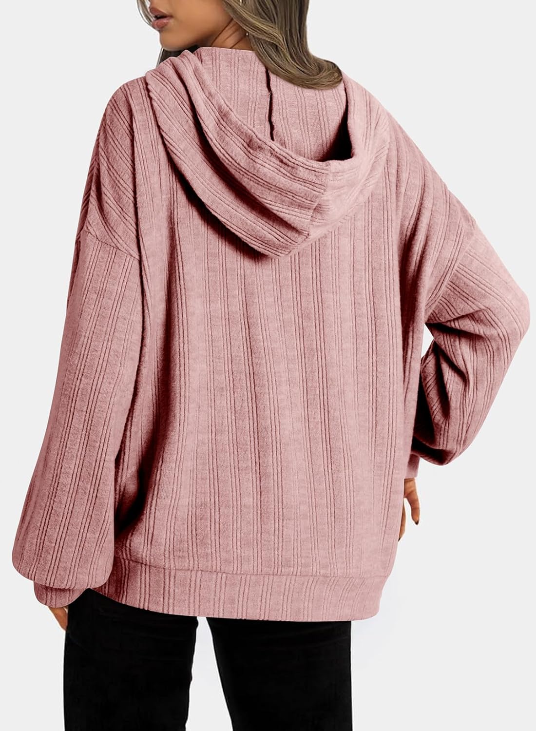 Dokotoo Hoodies for Women Casual Long Sleeve Textured Knit Loose Drawstring Hooded Sweatshirt with Pocket - Image 2