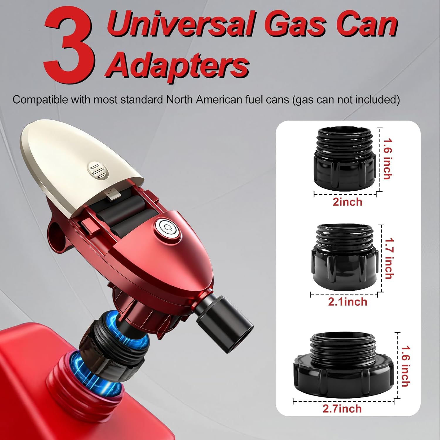 Automatic Portable Fuel Transfer Pump with Auto-Stop, 2.4 Gallon per minute, Extra Long Hose, Battery Powered and USB Type-c, 3 Can Adapters and Leak protection, Gas Pump for Oil, Diesel and Gasoline