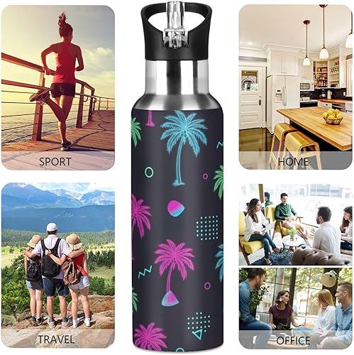 Miniatura 5 de Tropical Palm Trees - Botella de agua de acero inoxidable con aislamiento de neón con pajilla, 32 onzas, sin BPA, botella de agua deportiva a prueba