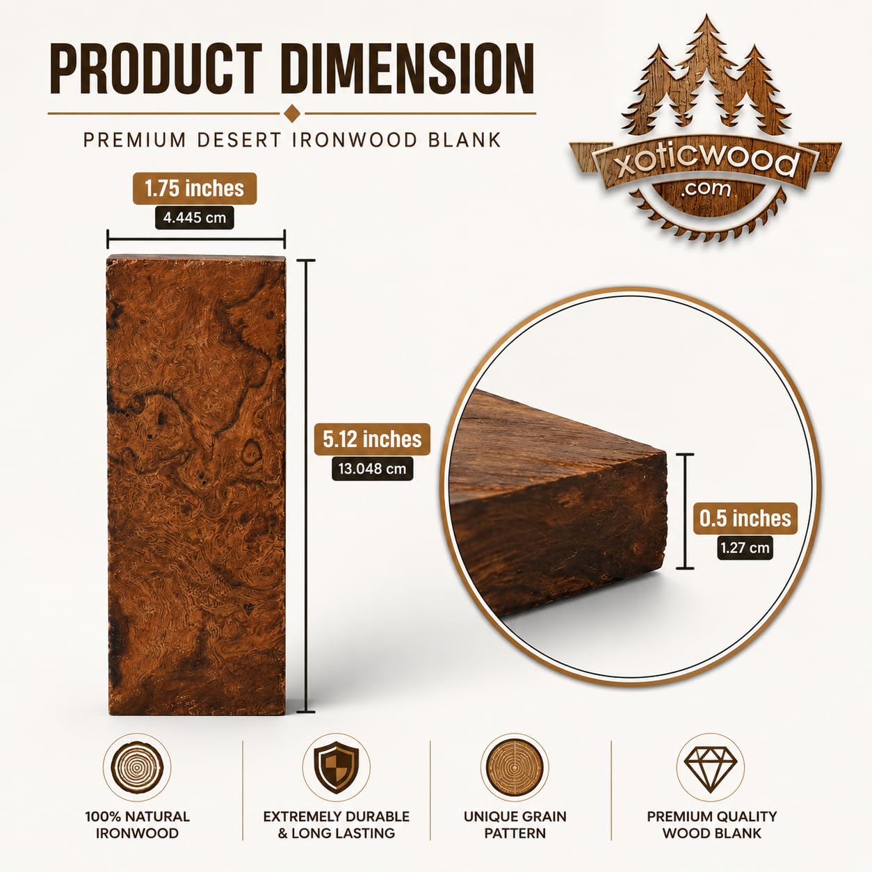 IECAP LLC Bookmatched Desert Ironwood Knife Handle Scales – Grade A, 1 Pair – Exotic Wood Knife Handle Material – Natural Iron Wood Scales for Knife Making & Woodworking– 5 1/8 x 1 3/4 x 1/2 in — Amazon image 2