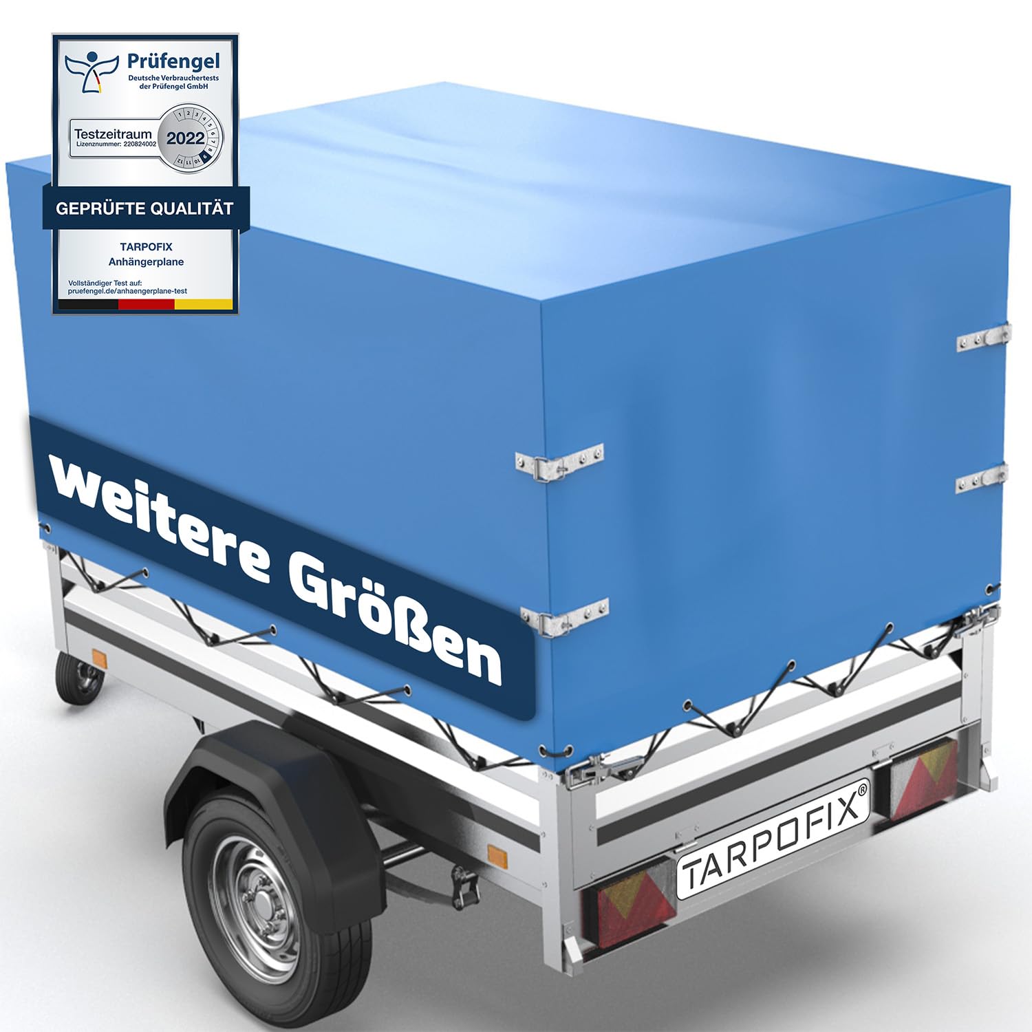 Tarpofix® Anhänger Plane 209x114x65 cm inkl. Planenseil | Anhängerplane Hochplane aus PVC PLANENMATERIAL | Verstärkte Stema Hänger Abdeckplane für 750kg PKW Autoanhänger | Abdeckung Blau