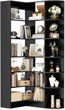Cyclysio 7-Tier Corner Shelf, 71" Tall L-Shaped Corner Bookshelf with Edge Protection, Industrial Etagere Bookcase Storage Rack for Small Spaces, Living Room, Bedroom, Kitchen Black
