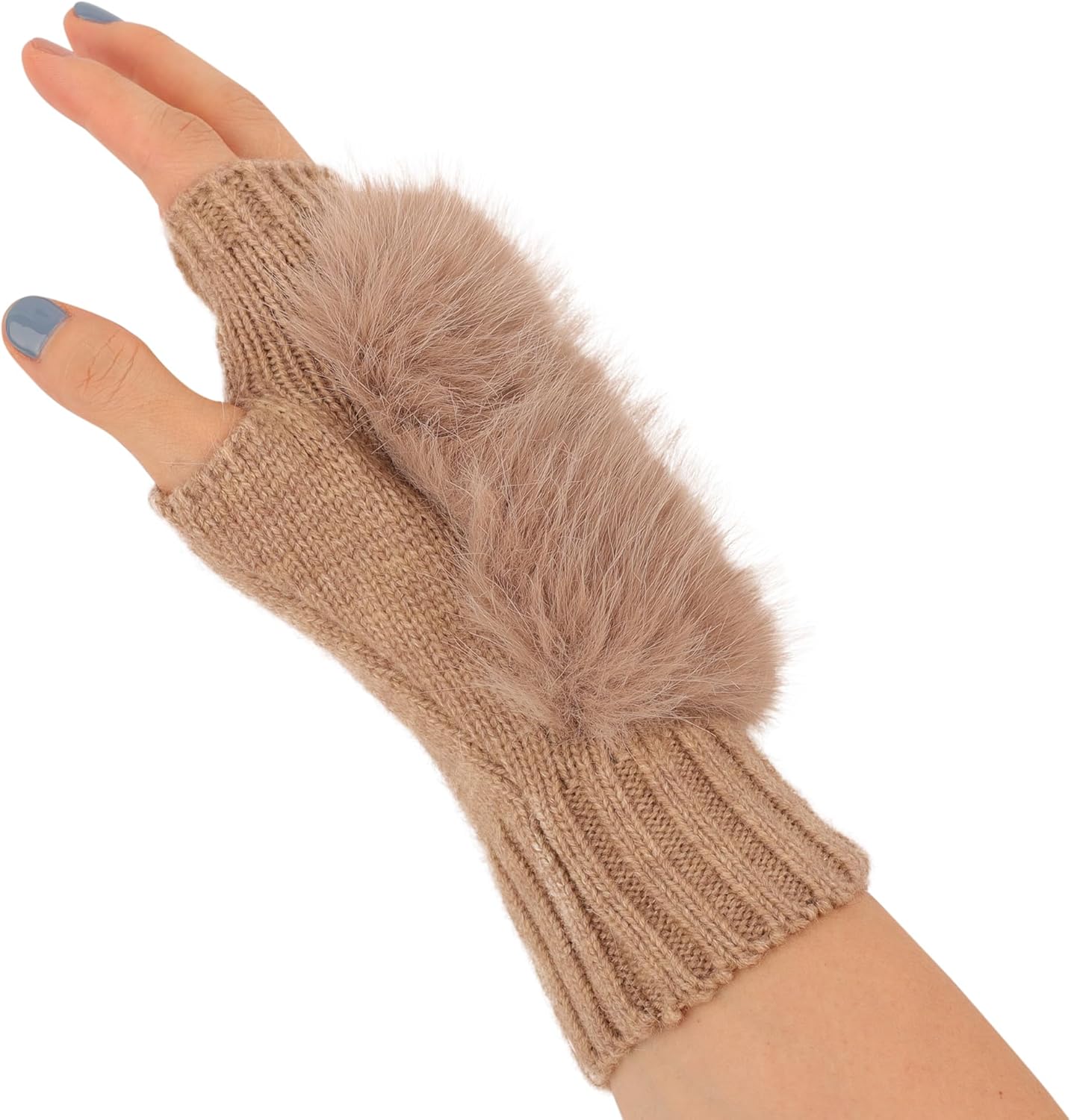 Flammi Women Wool Knit Fingerless Gloves Furry Mittens Wrist Warmers - Image 2