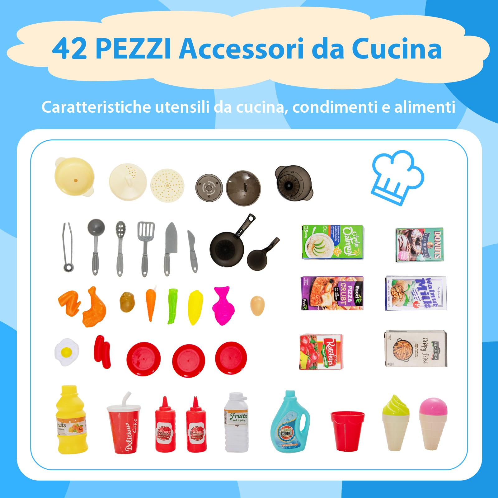 COSTWAY Cucina Giocattolo per Bambini, Cucina per Bambini con Forno, Microonde, Lavello e Rubinetto, Funzione Luci e Suoni, Vapore e Ebollizione, 69 Accessori, per 3+ Anni (Blu)