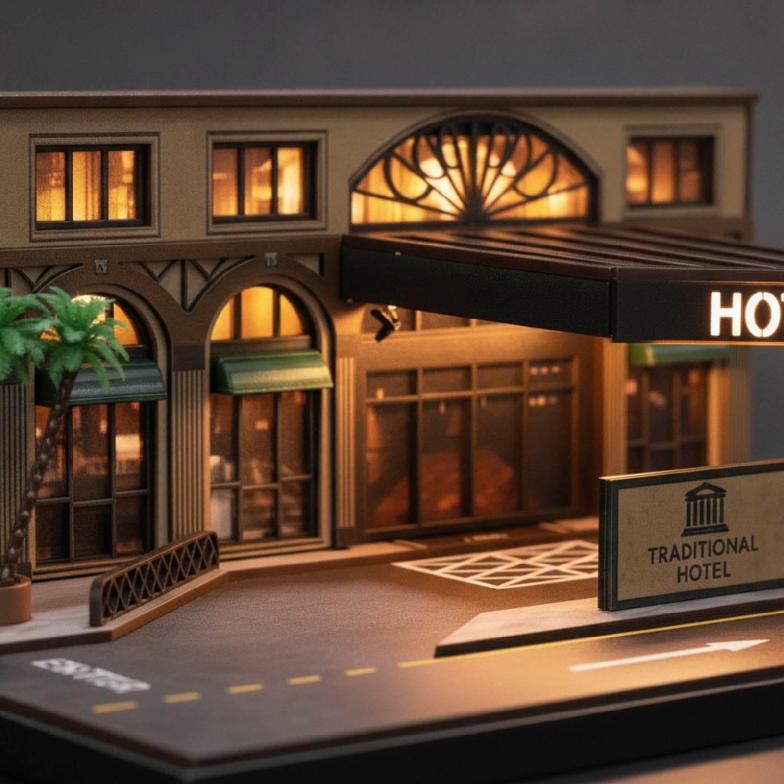perfeclan Hotel en Miniatura Compacto Diorama Iluminado, Maqueta alojamiento Mini Coches, verdaro, Maqueta Ecionamiento, para Escritorio, Coleccionis