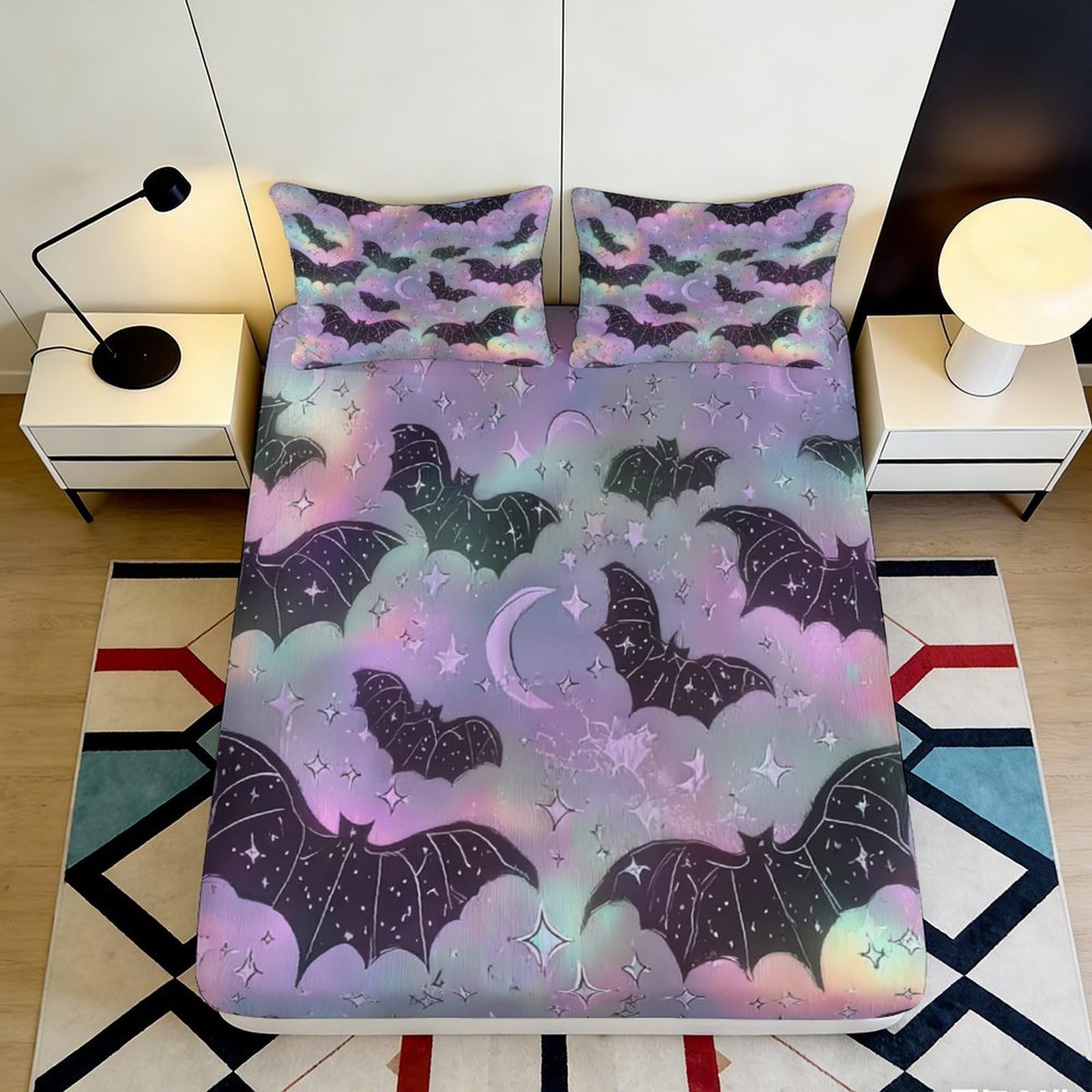 3D Printed Pastel Bat Clouds Fitted Sheet Microfiber Soft Decorative Starry Sky Mattress Cover for Bedroom Dorm 90x200x25cm