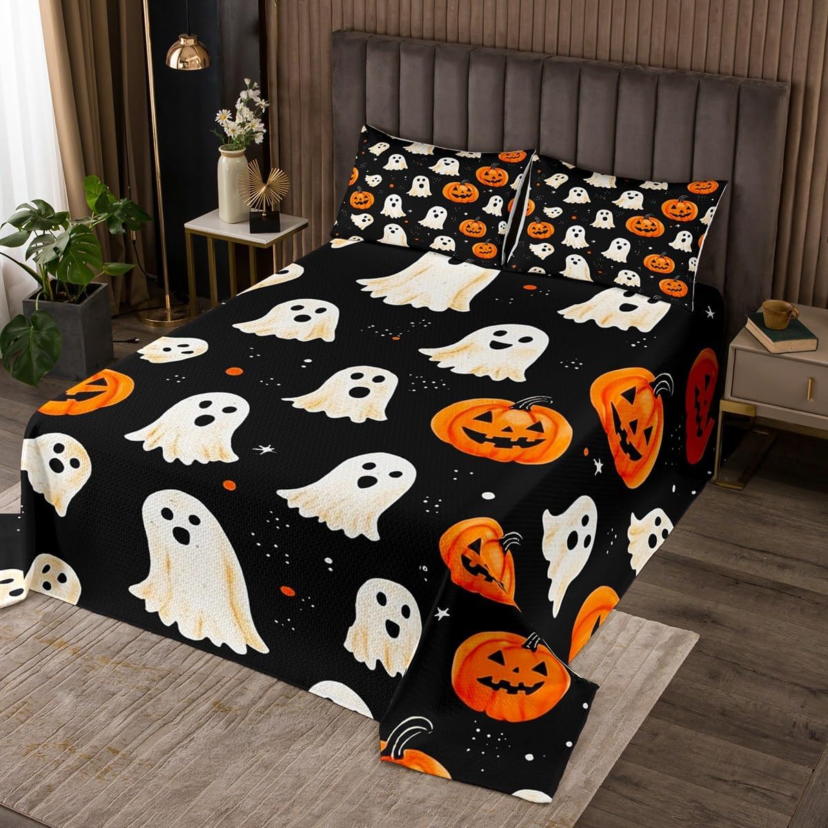 jejeloiu Halloween Bedspread King Size Kids Pumpkin Quilted Coverlet for Boys Girls Teens Cute Ghosts Coverlet Set Black