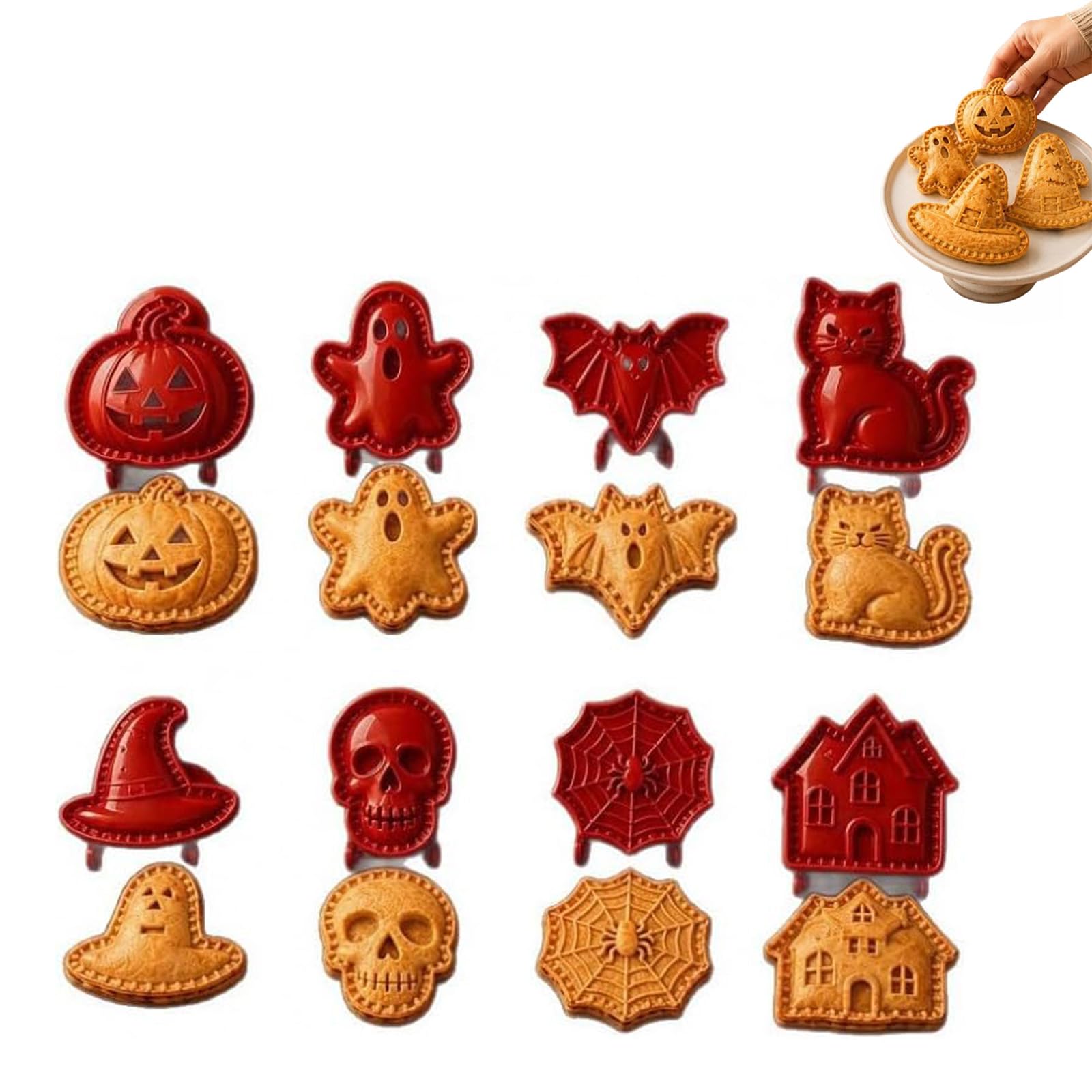 Juego de mini moldes para tartas de mano de Halloween (Mix) | 8 diseños festivos, superficie lisa, liberación rápida, limpieza sencilla, reutilización duradera, lindas formas de golosinas