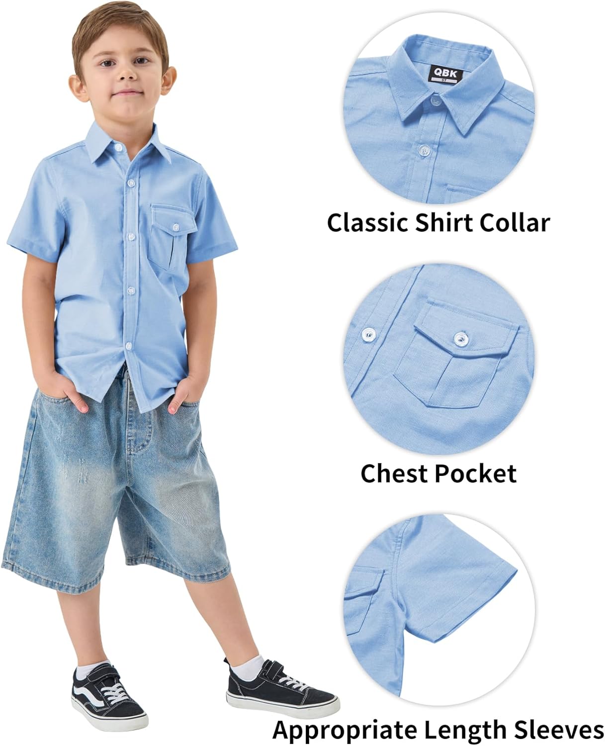 QBK Boys' Cotton Linen Short Sleeve Classic Button Down Shirts Boys Dress Shirt with Chest Pocket for 2T-16 Years - Image 4