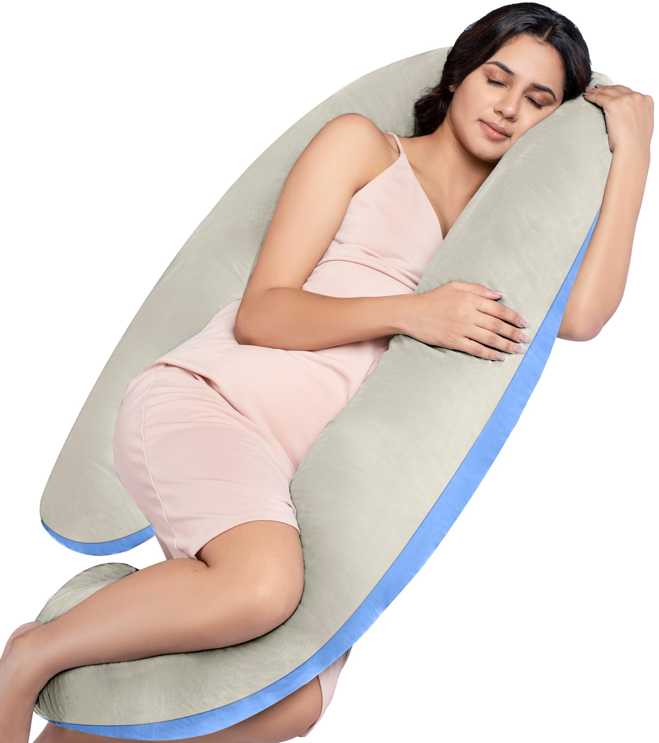 MY ARMOR Full Body Pregnancy Pillow J Shape for Women, Maternity Pillow Gift for Pregnancy Sleeping, 3 Months Warranty, Premium Velvet Cover with Zip, Cream + Sky Blue