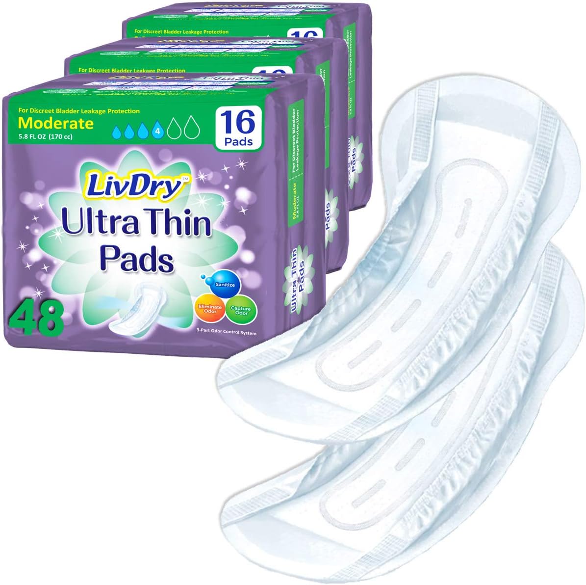 Incontinence Ultra Thin Pads for Women | Leak Protection and Odor Control | Extra Absorbent (Moderate 48-Count)