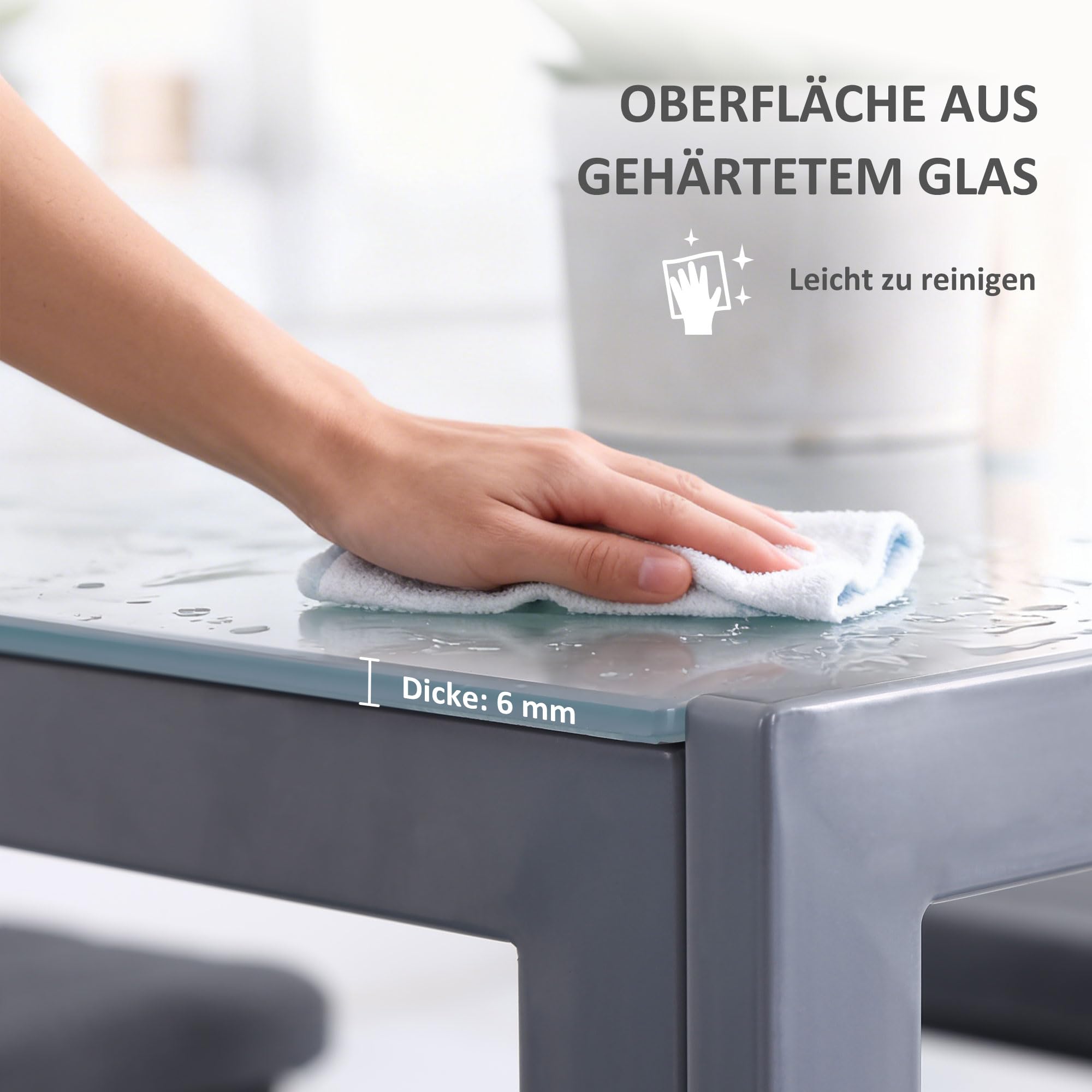 HOMCOM Esszimmertisch 75 x 75 cm, Quadratischer Küchentisch für 4 Personen, Esstisch aus Hartglas mit Metallbeine, moderner Tisch für Küche, Esszimmer und Wohnzimmer, Grau