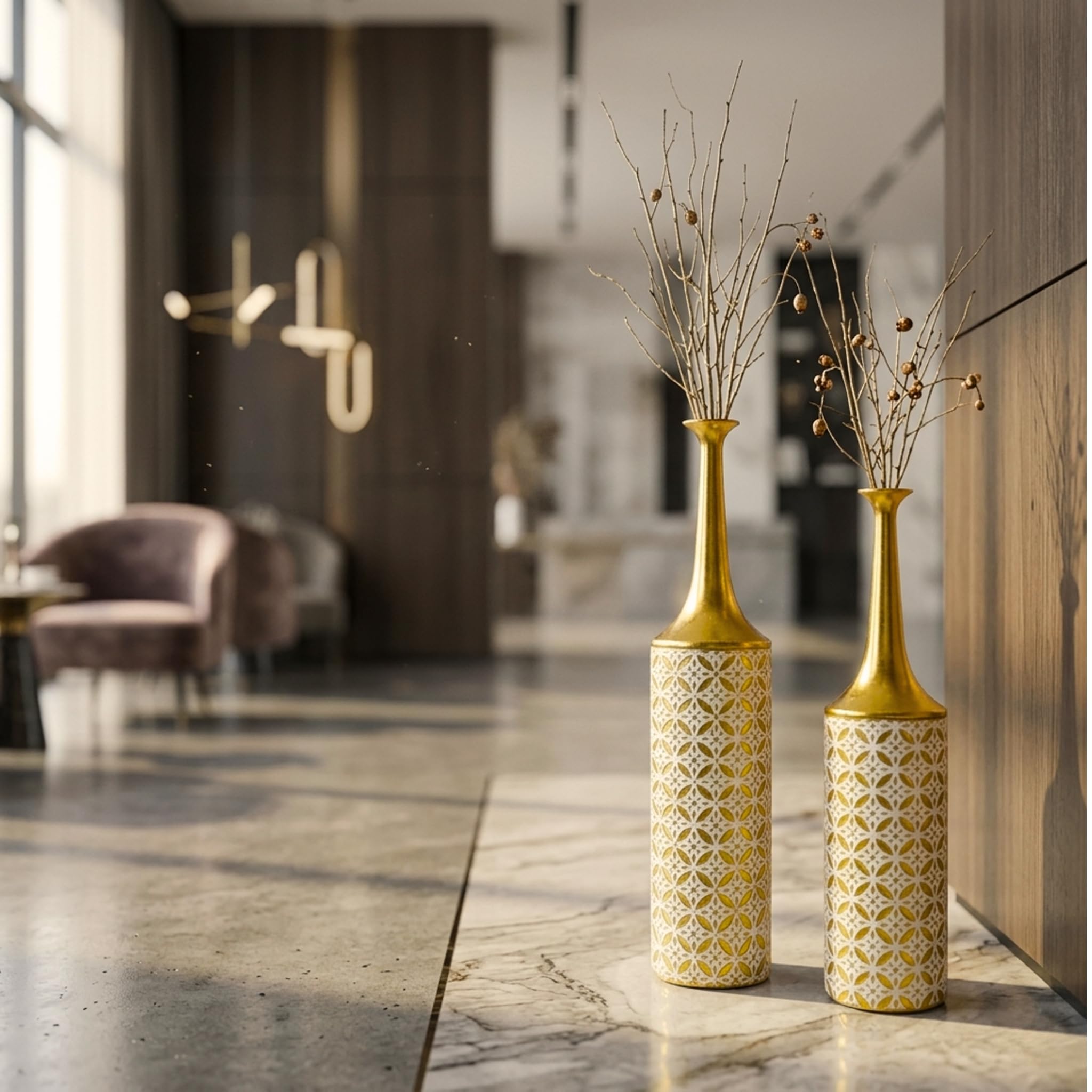 Leewadee Lot de 2 Grands Vases sur Pied Métal pour Pampa | 2 Vases Déco pour le Salon, en paire près cheminée & TV pour Pampa & branches. Incassable, sans éclats