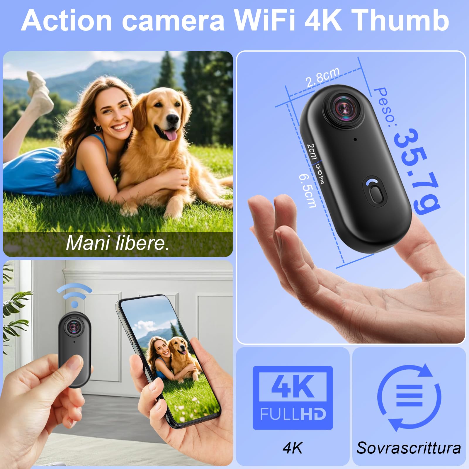 Action Camera Wifi 4K, HD Videocamera Sportiva 170° | Mini Action Camera per Casco da Bicicletta e Moto, Impermeabile con Magnete e Scheda da 32 GB