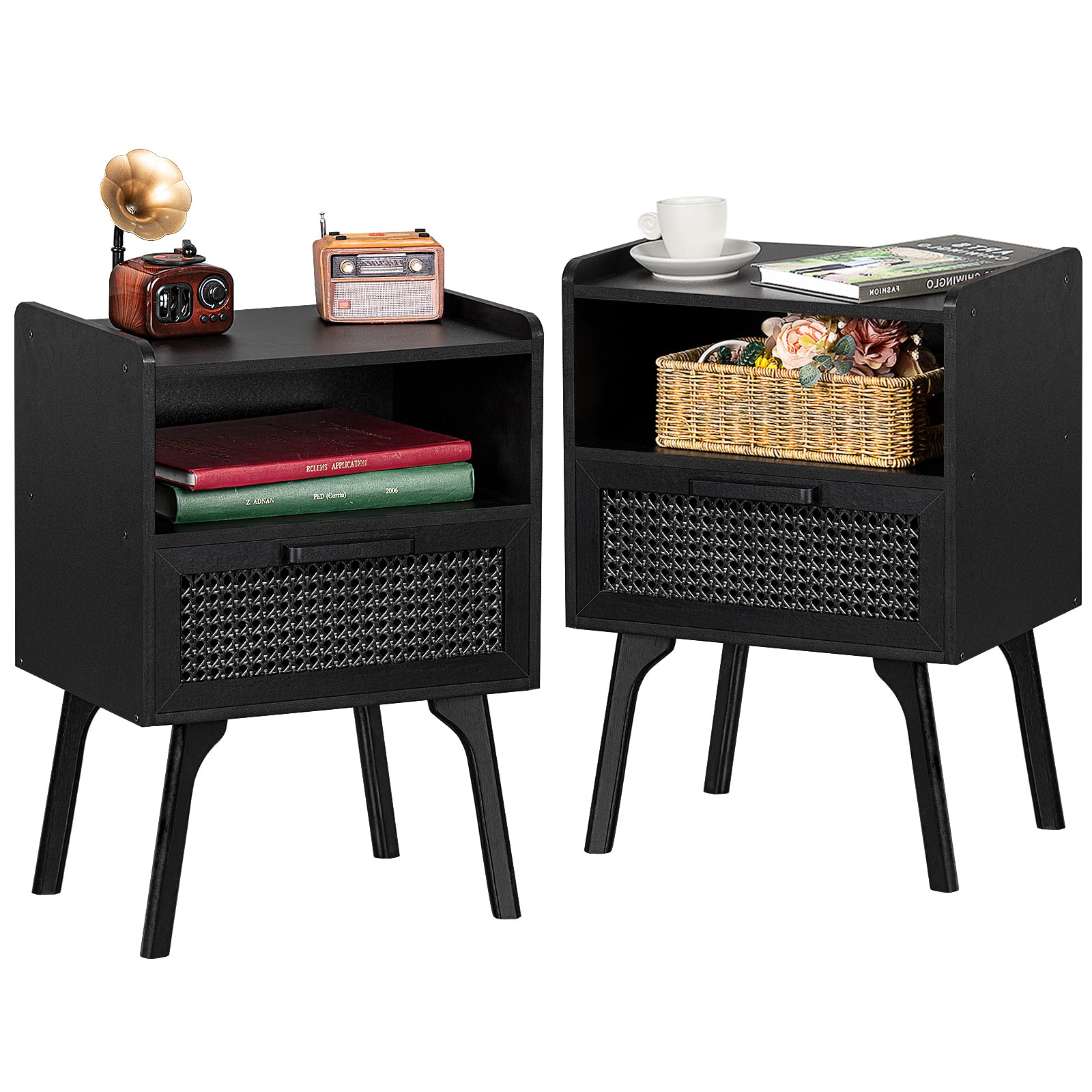 Lerliuo Rattan Nightstands Set of 2, Boho Side Table with Drawer Open