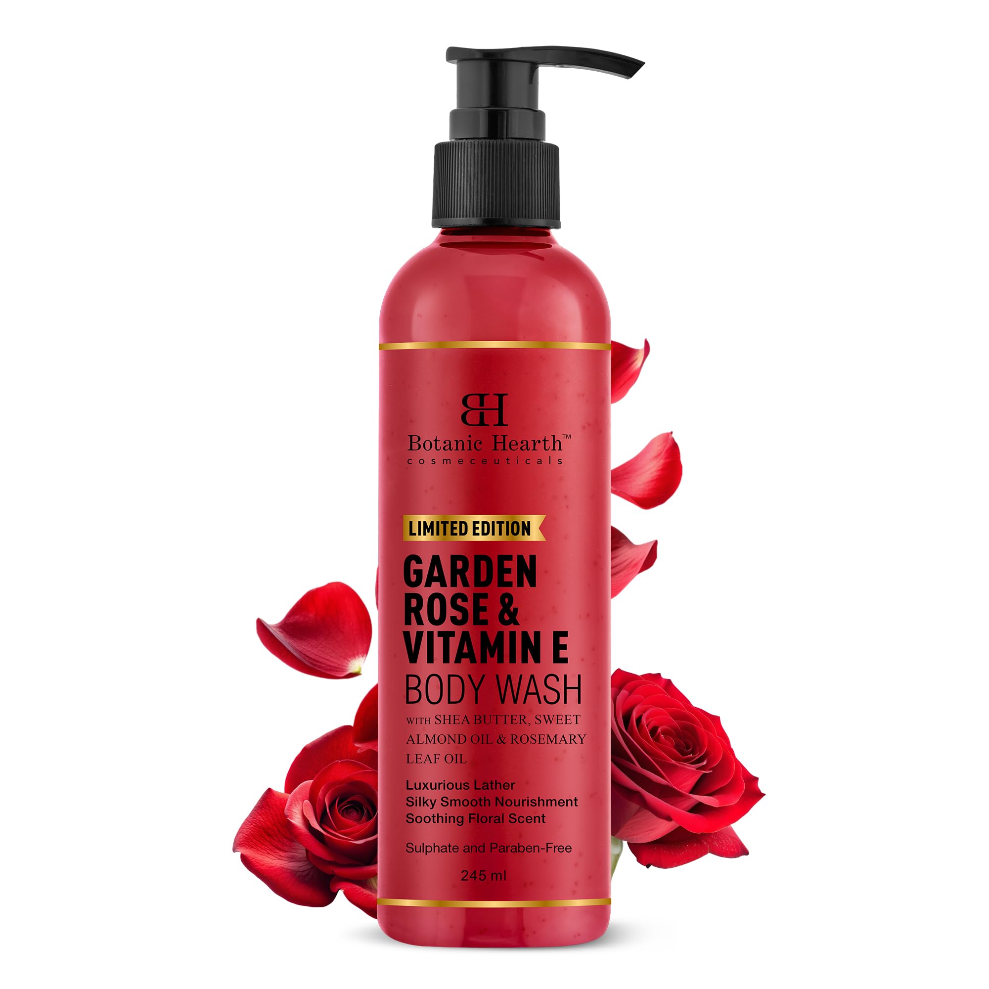 Botanic HearthGarden Rose Body Wash with Shea Butter & Vitamin E | Moisturizing Body Wash Shower Gel for Softer, Smoother Skin | Sulfate & Paraben Free | for Women & Men | 245ml